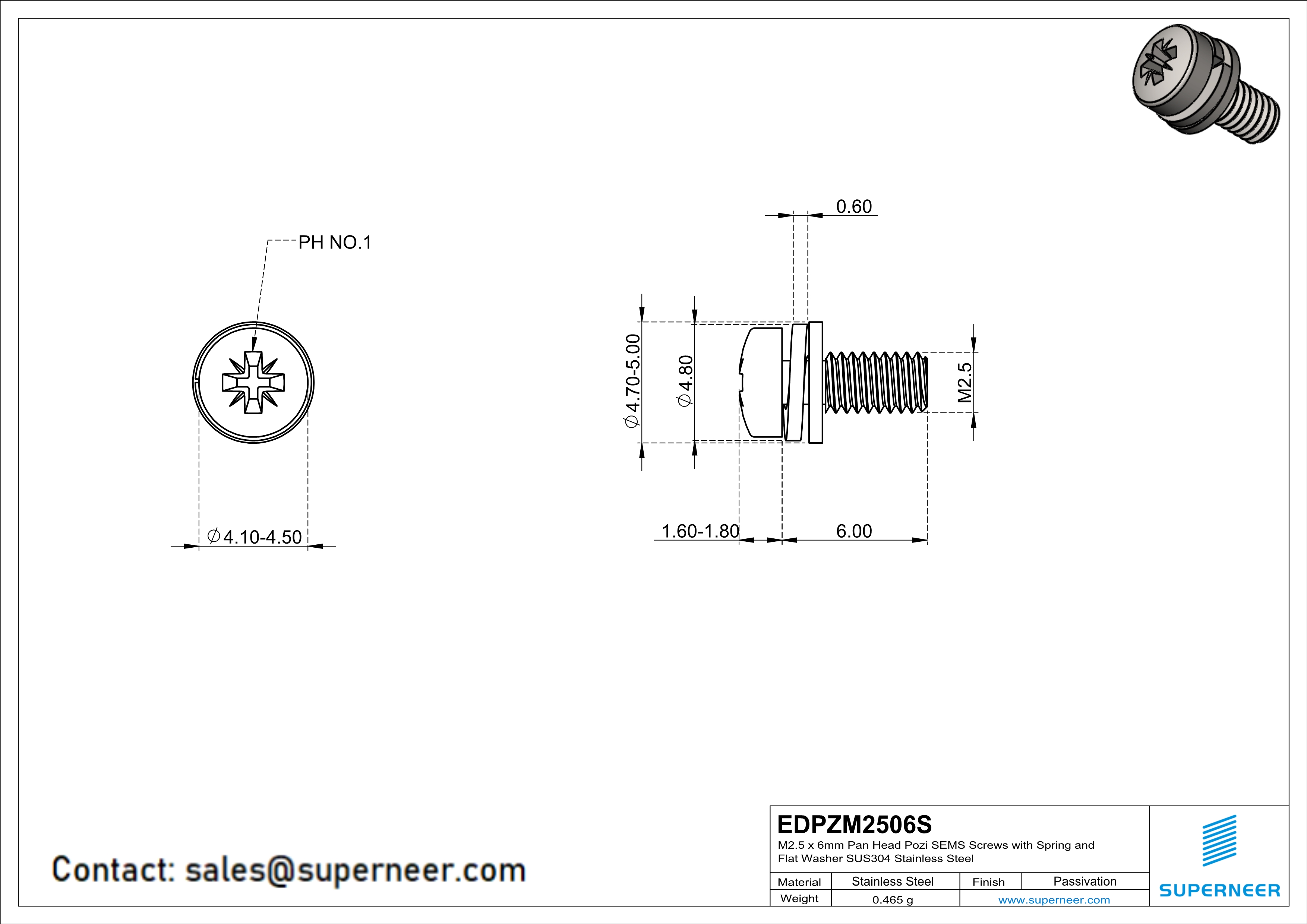 M2.5 x 6mm Pan Head Pozi SEMS Screws with Spring and Flat Washer SUS304 Stainless Steel Inox