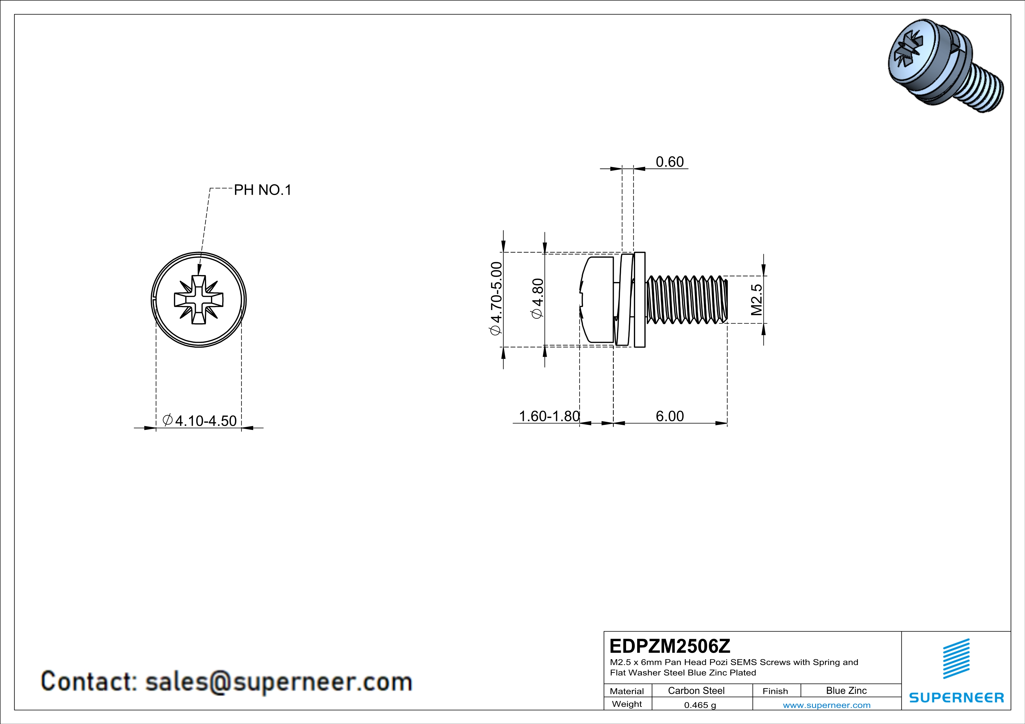 M2.5 x 6mm Pan Head Pozi SEMS Screws with Spring and Flat Washer Steel Blue Zinc Plated