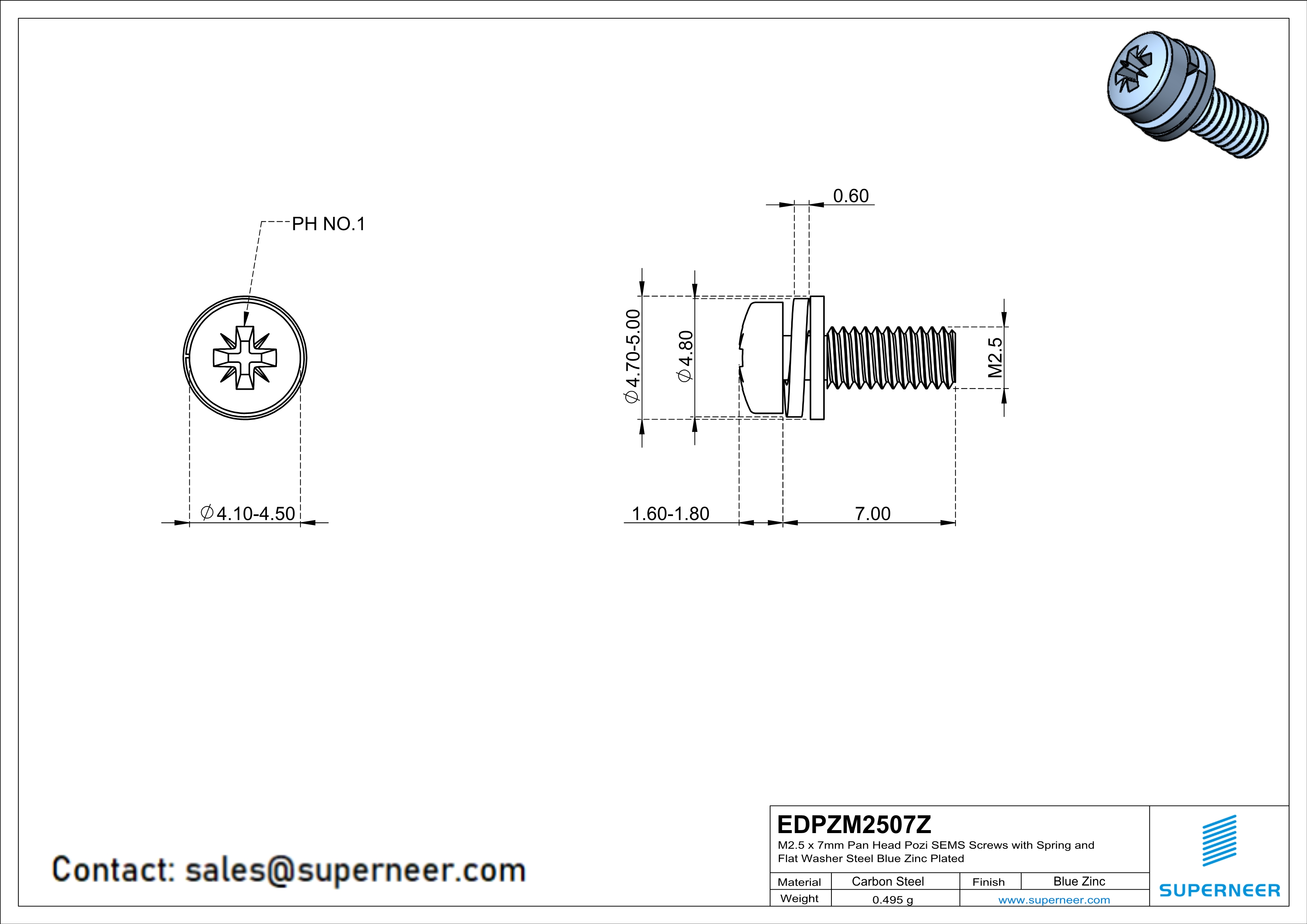 M2.5 x 7mm Pan Head Pozi SEMS Screws with Spring and Flat Washer Steel Blue Zinc Plated