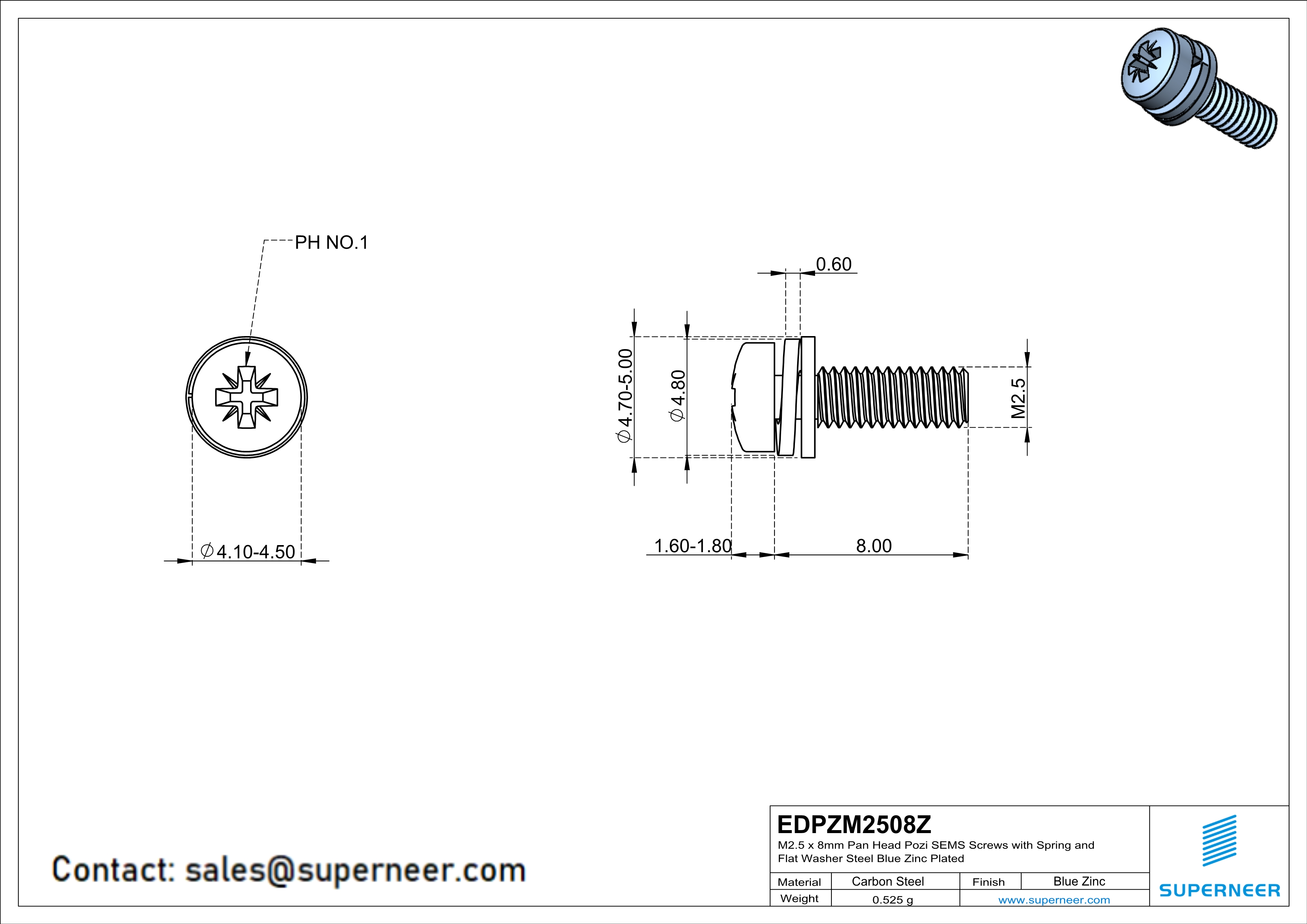 M2.5 x 8mm Pan Head Pozi SEMS Screws with Spring and Flat Washer Steel Blue Zinc Plated