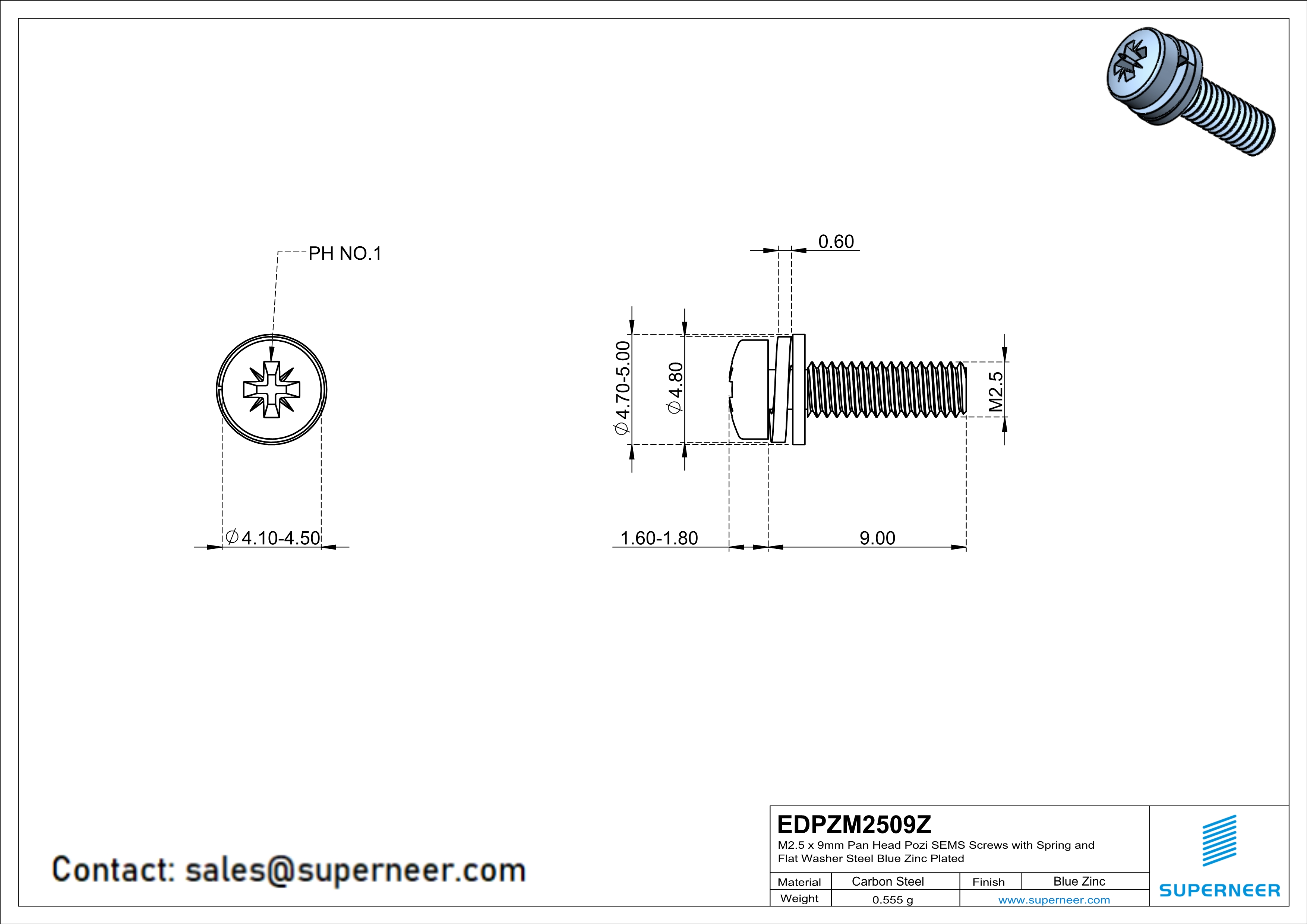 M2.5 x 9mm Pan Head Pozi SEMS Screws with Spring and Flat Washer Steel Blue Zinc Plated