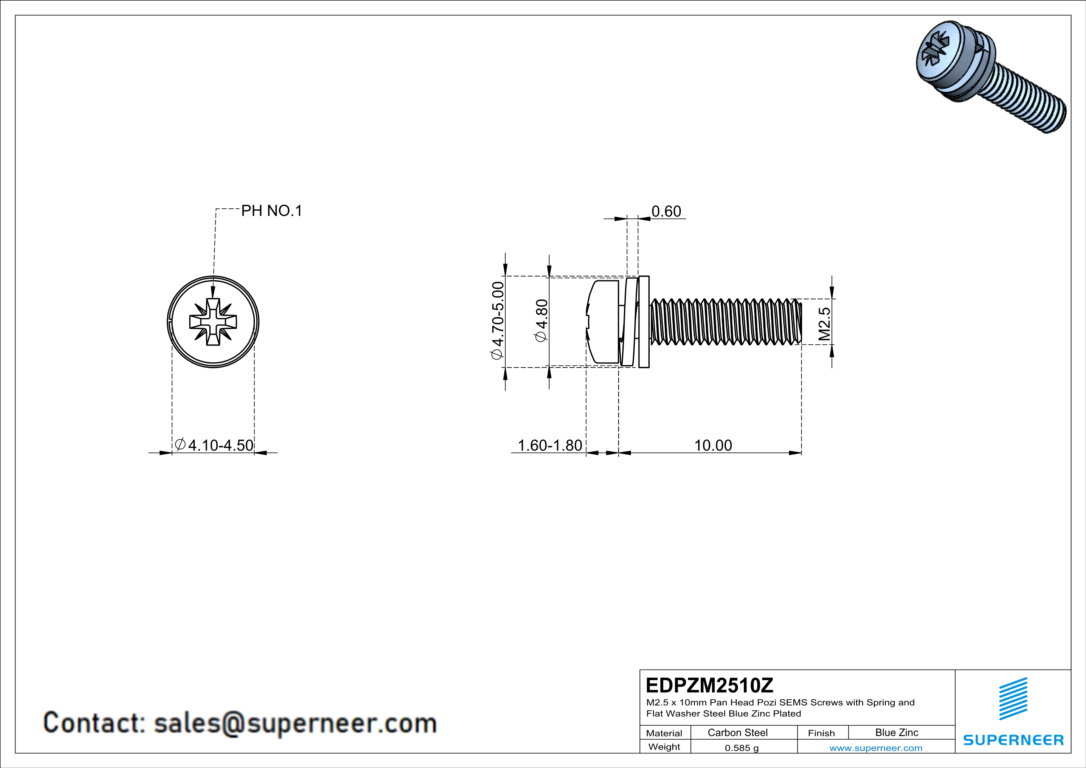 M2.5 x 10mm Pan Head Pozi SEMS Screws with Spring and Flat Washer Steel Blue Zinc Plated