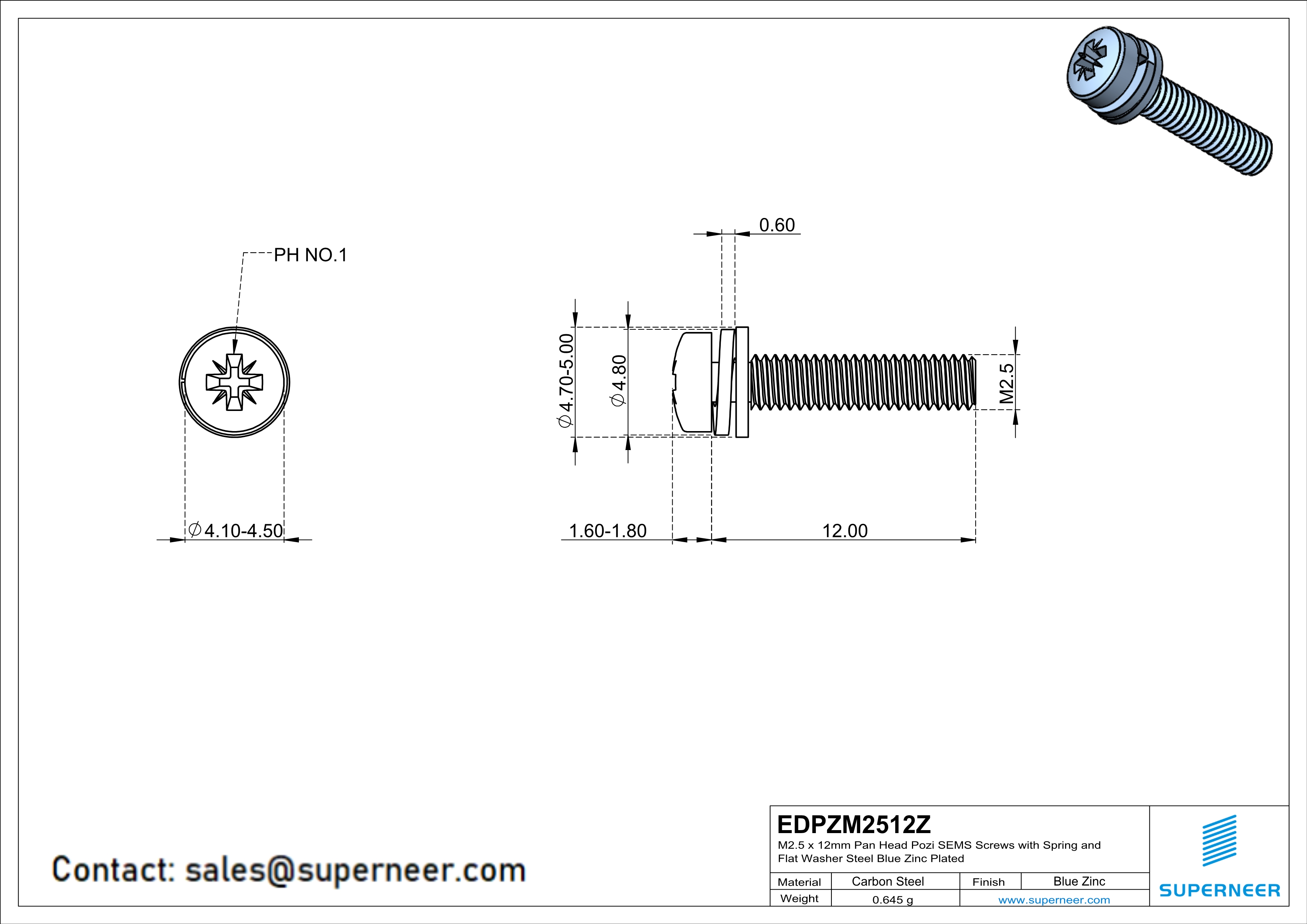 M2.5 x 12mm Pan Head Pozi SEMS Screws with Spring and Flat Washer Steel Blue Zinc Plated