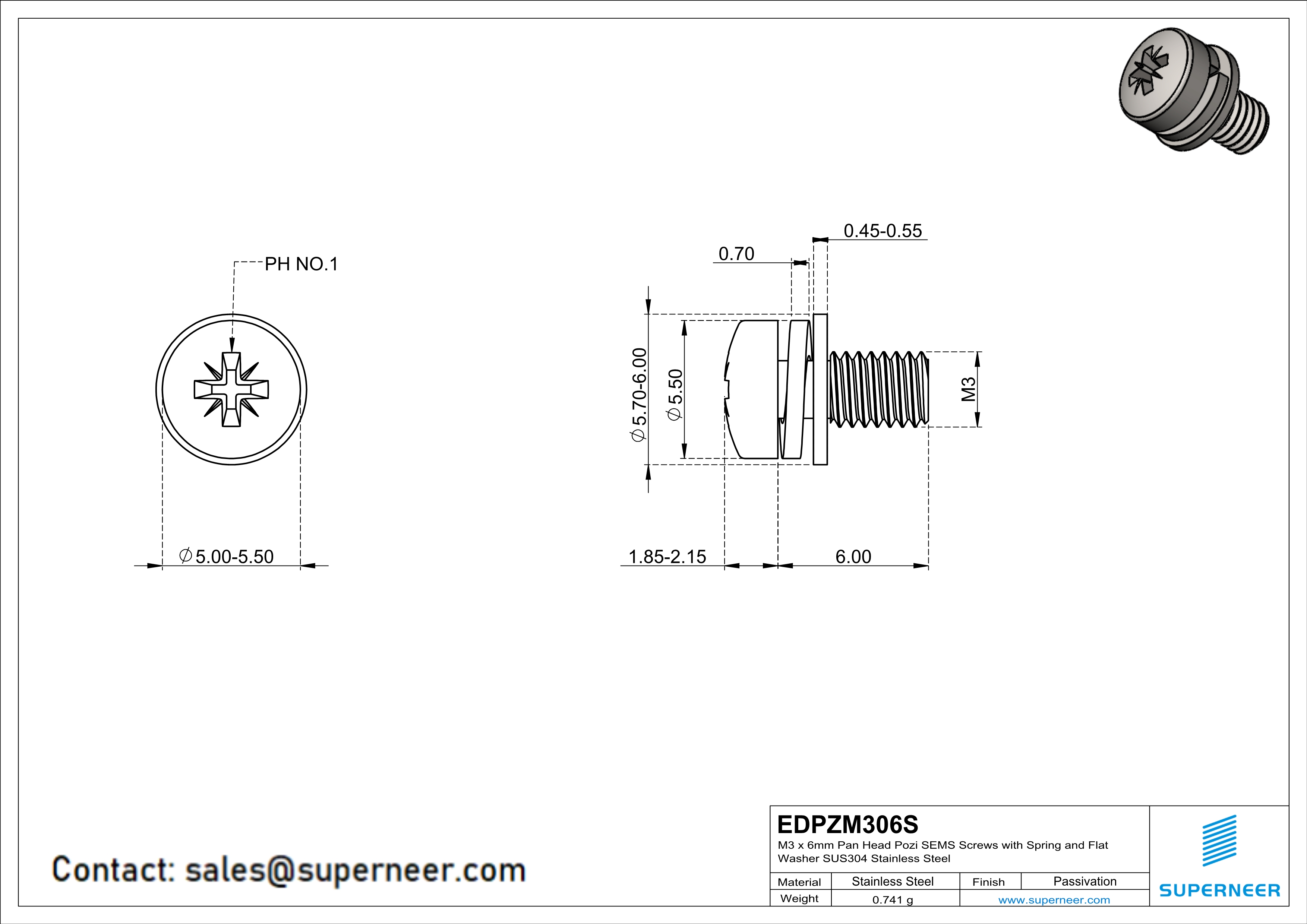 M3 x 6mm Pan Head Pozi SEMS Screws with Spring and Flat Washer SUS304 Stainless Steel Inox