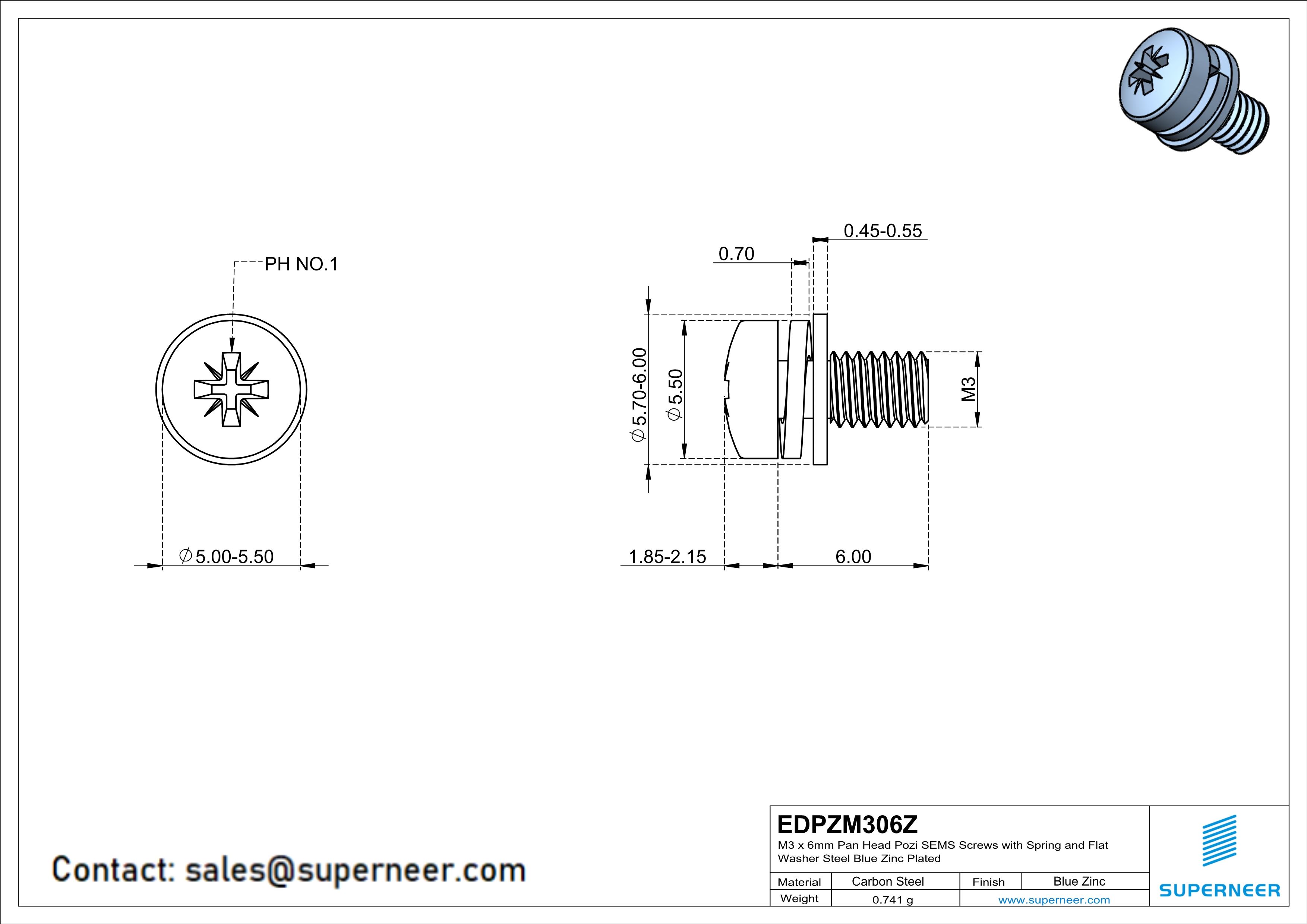 M3 x 6mm Pan Head Pozi SEMS Screws with Spring and Flat Washer Steel Blue Zinc Plated