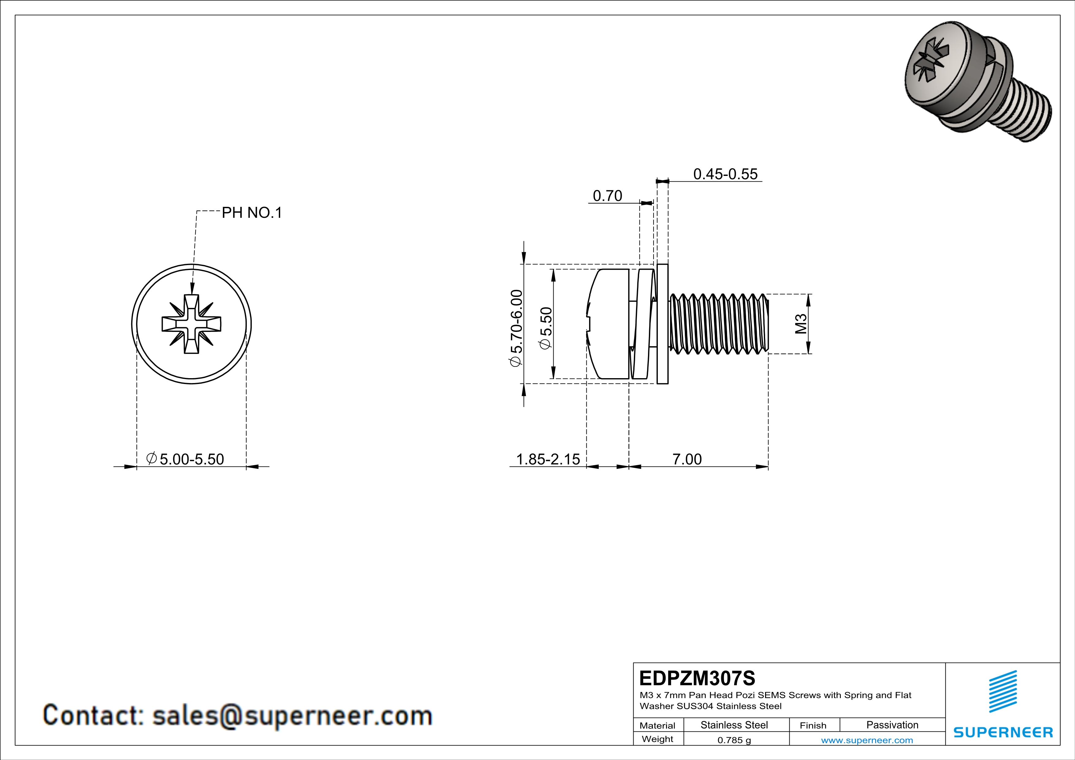 M3 x 7mm Pan Head Pozi SEMS Screws with Spring and Flat Washer SUS304 Stainless Steel Inox