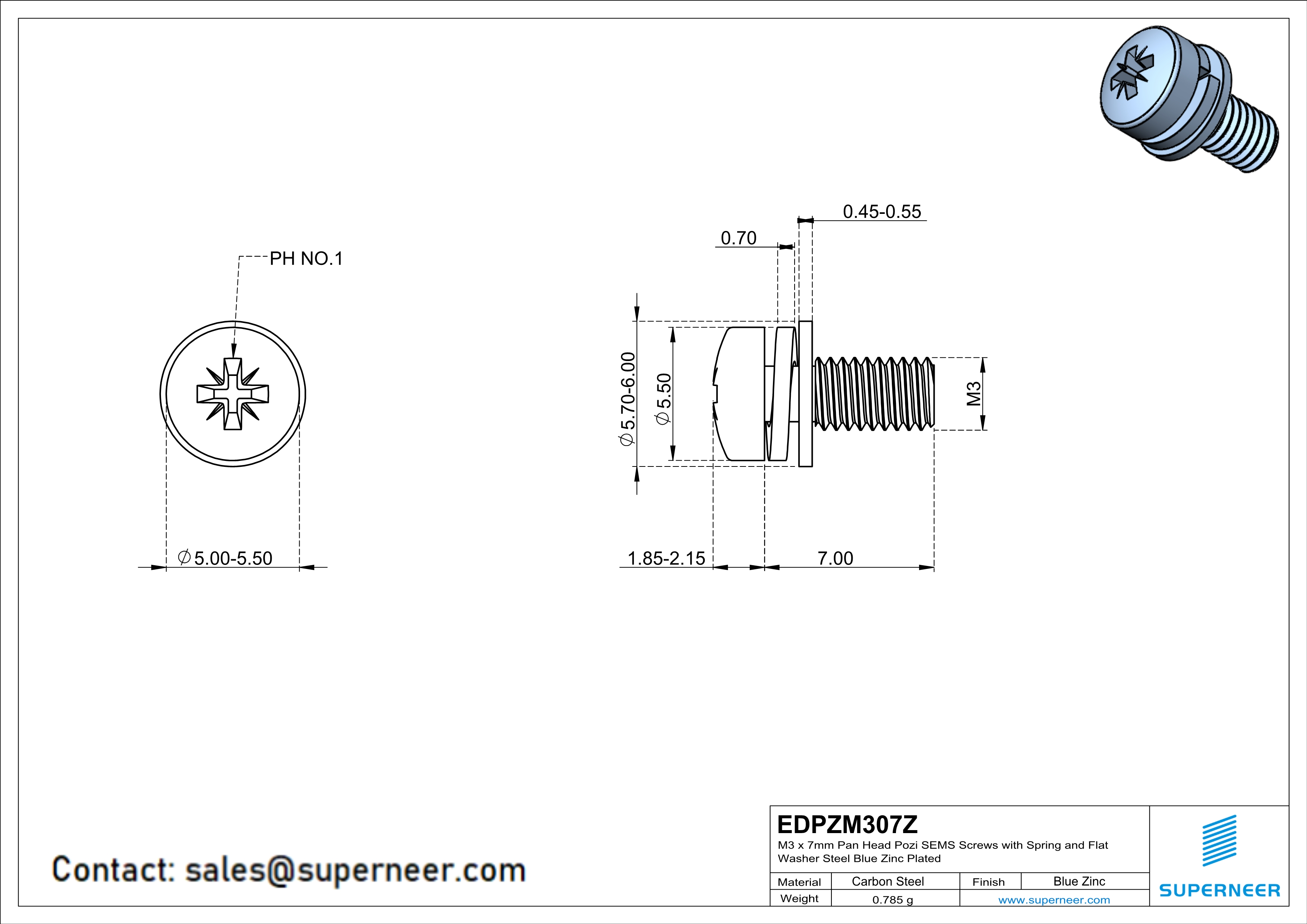 M3 x 7mm Pan Head Pozi SEMS Screws with Spring and Flat Washer Steel Blue Zinc Plated