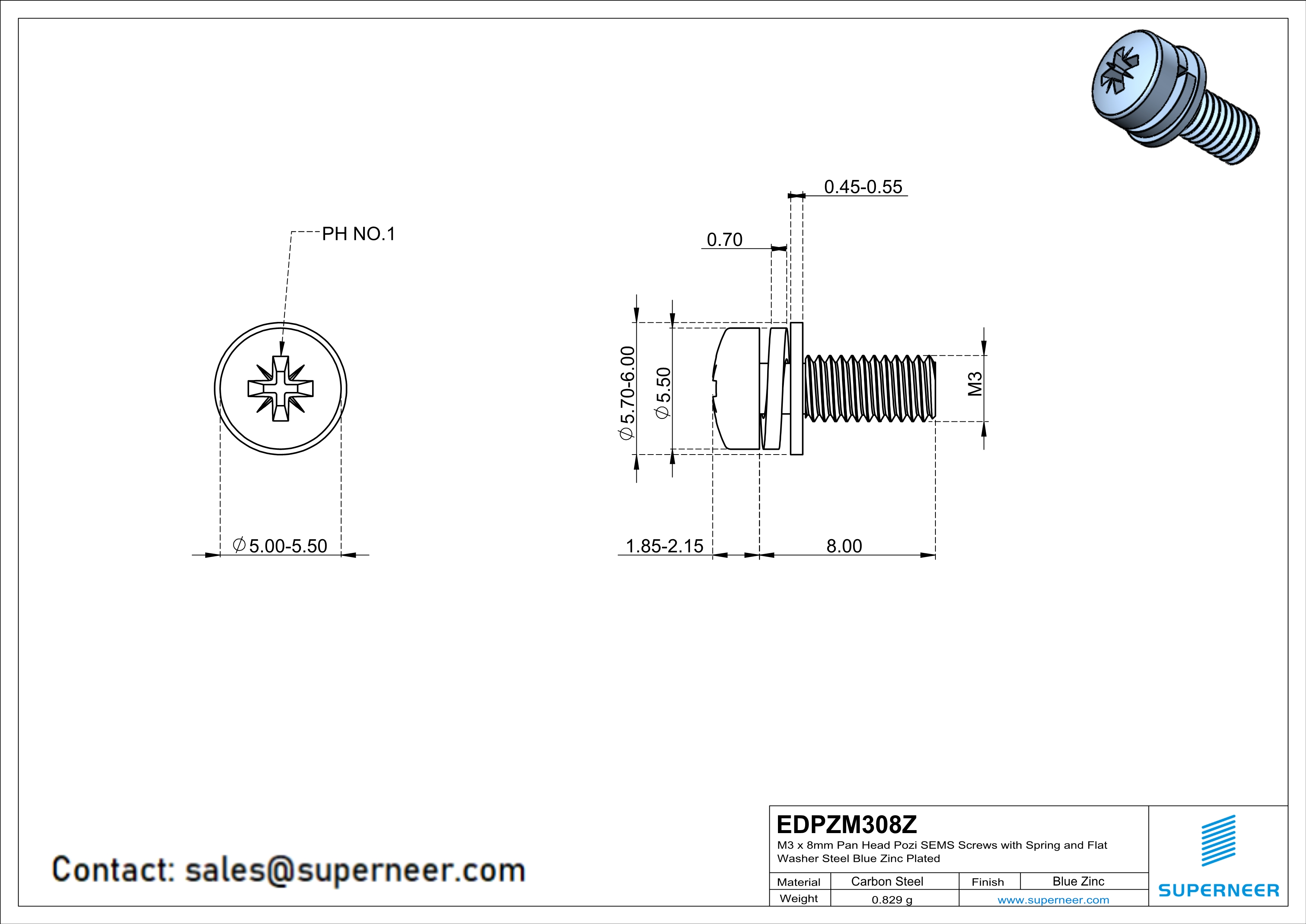 M3 x 8mm Pan Head Pozi SEMS Screws with Spring and Flat Washer Steel Blue Zinc Plated