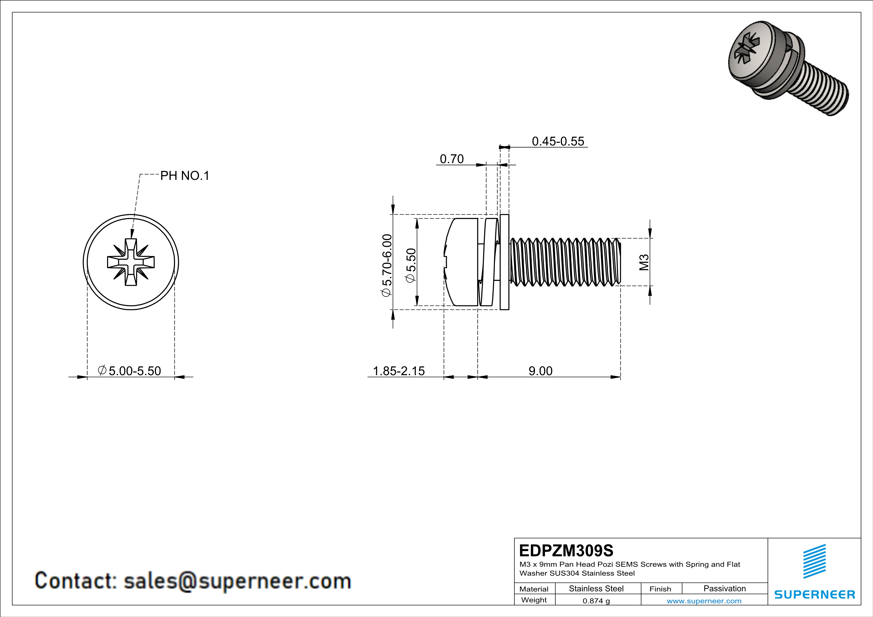 M3 x 9mm Pan Head Pozi SEMS Screws with Spring and Flat Washer SUS304 Stainless Steel Inox