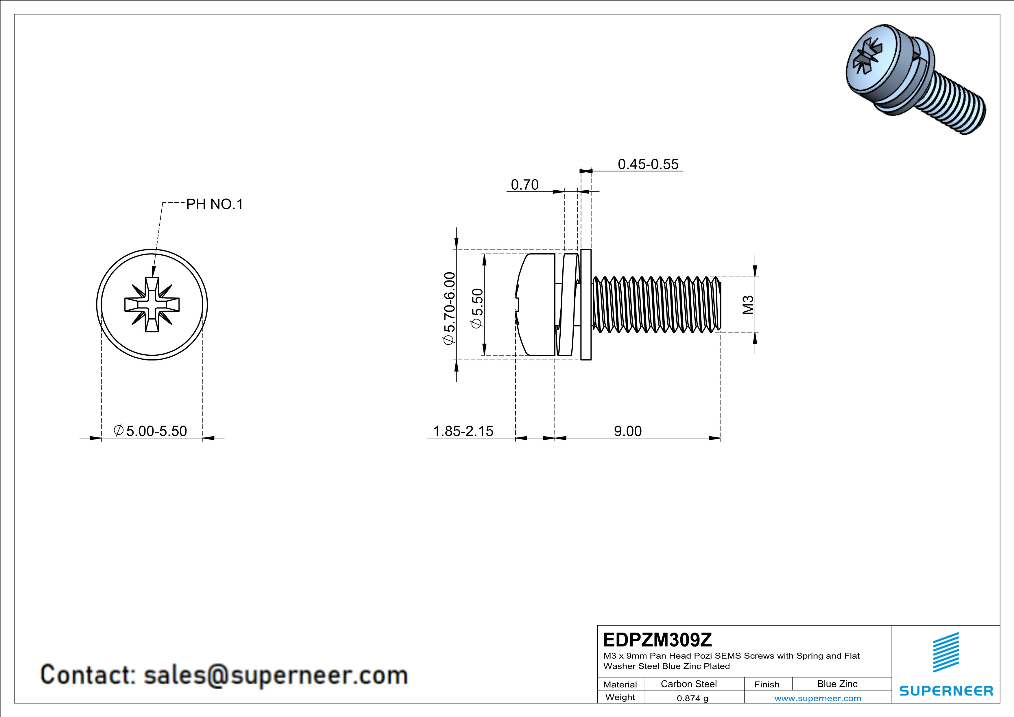 M3 x 9mm Pan Head Pozi SEMS Screws with Spring and Flat Washer Steel Blue Zinc Plated