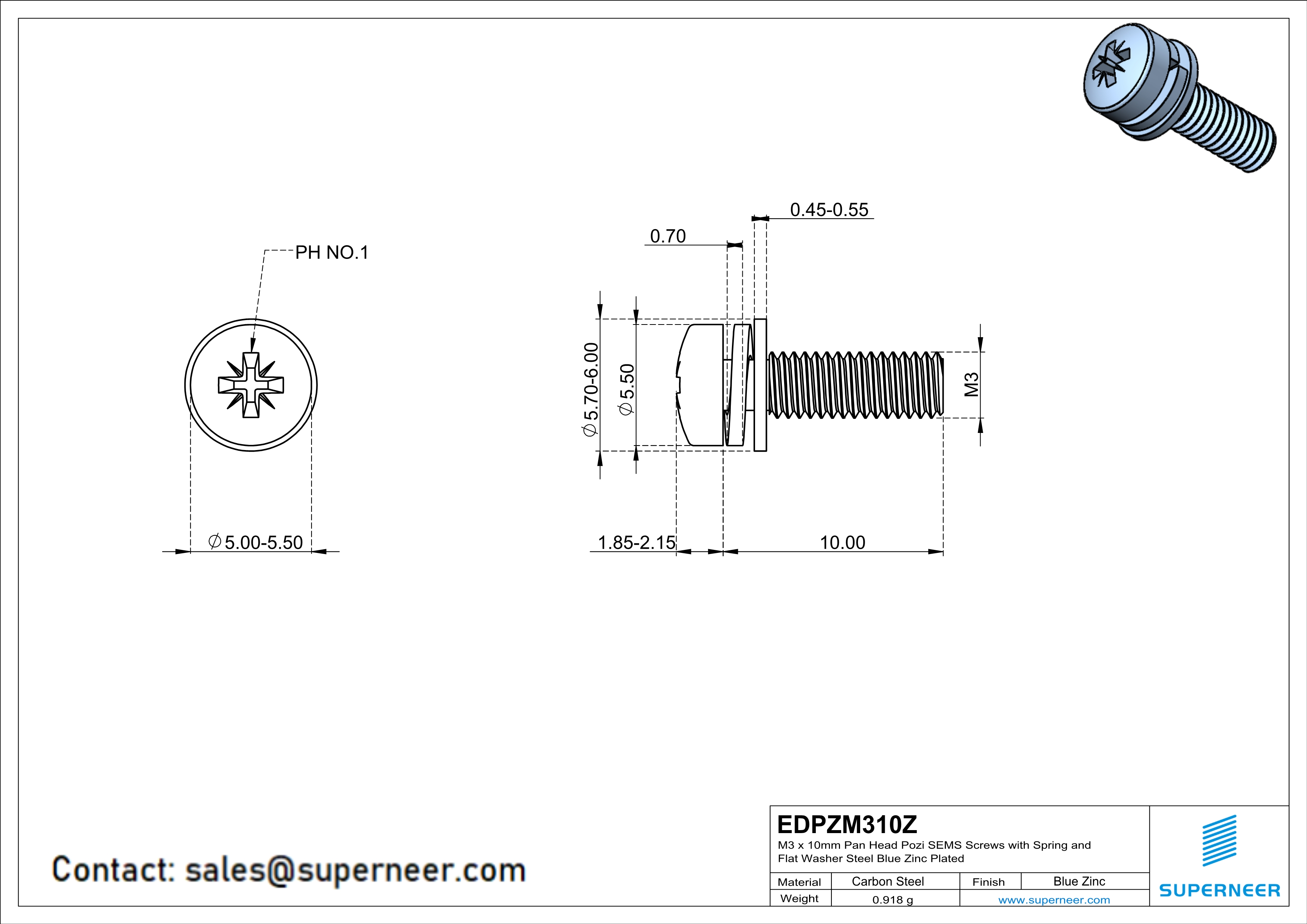 M3 x 10mm Pan Head Pozi SEMS Screws with Spring and Flat Washer Steel Blue Zinc Plated