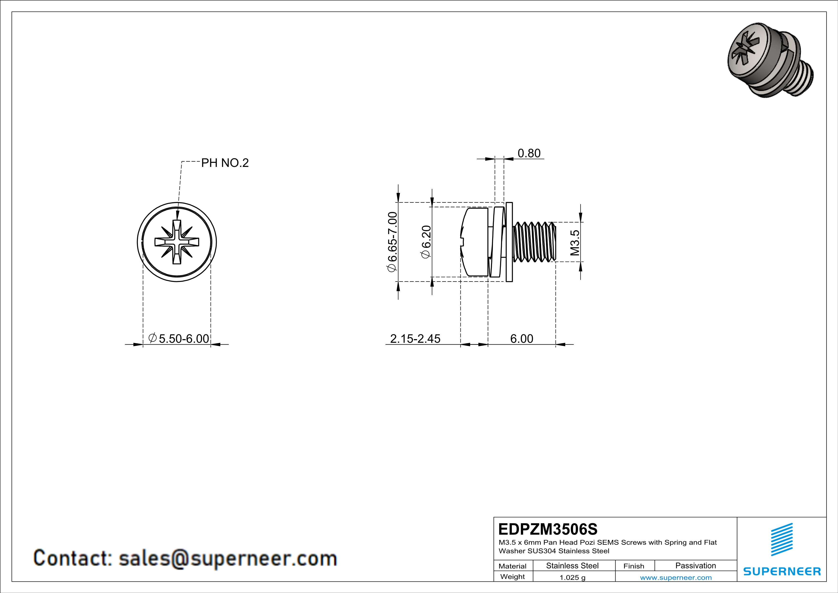 M3.5 x 6mm Pan Head Pozi SEMS Screws with Spring and Flat Washer SUS304 Stainless Steel Inox