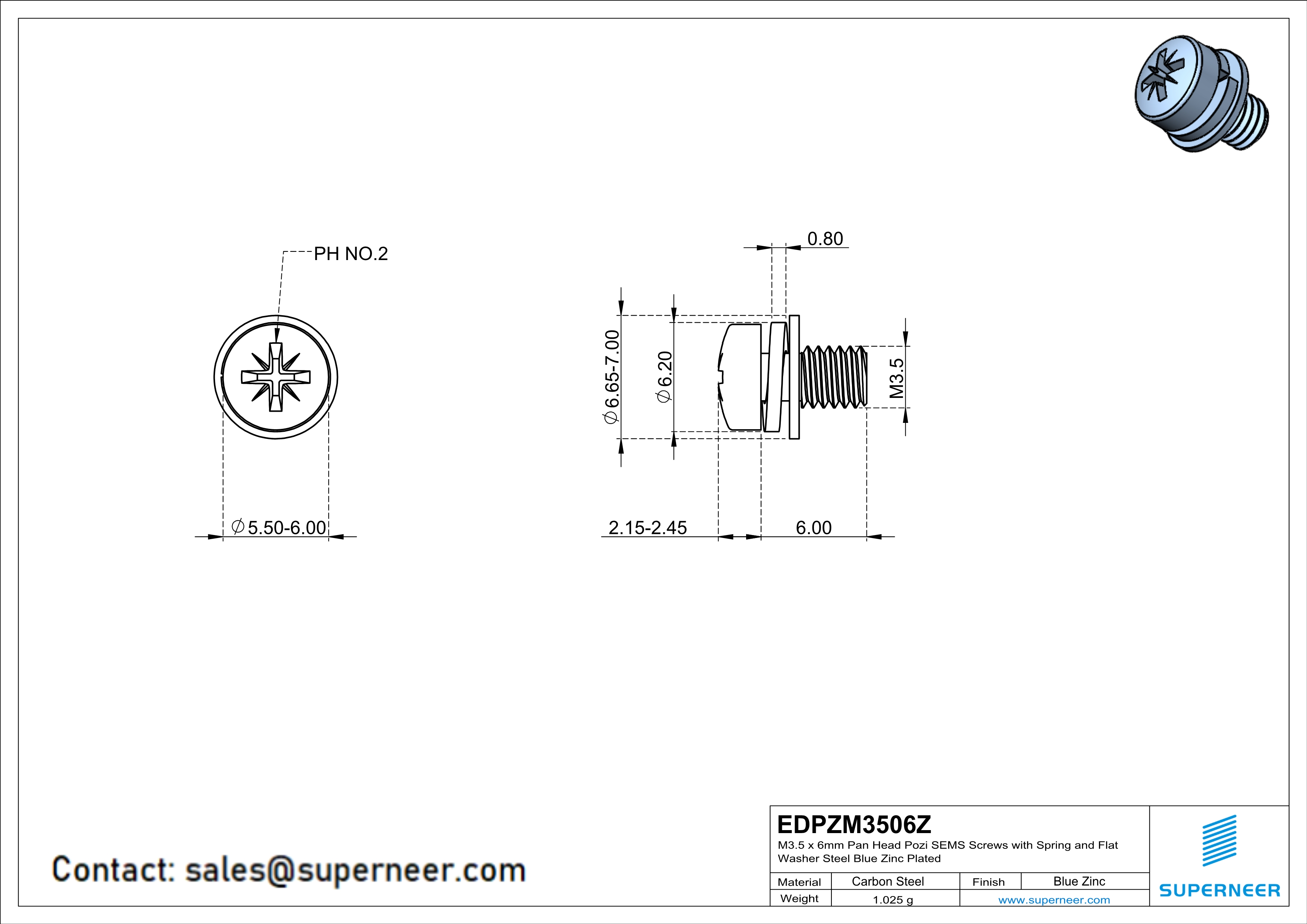 M3.5 x 6mm Pan Head Pozi SEMS Screws with Spring and Flat Washer Steel Blue Zinc Plated