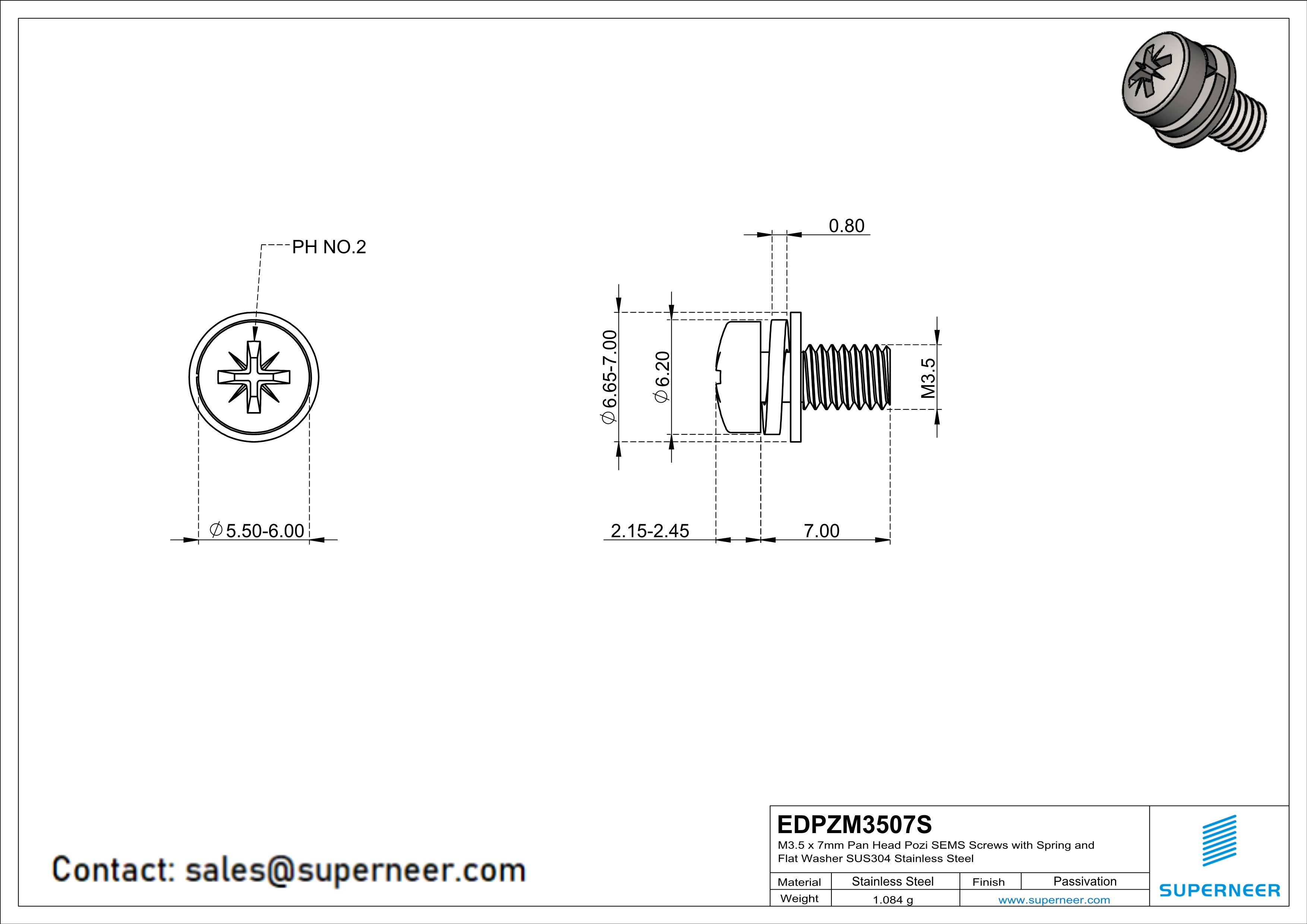 M3.5 x 7mm Pan Head Pozi SEMS Screws with Spring and Flat Washer SUS304 Stainless Steel Inox