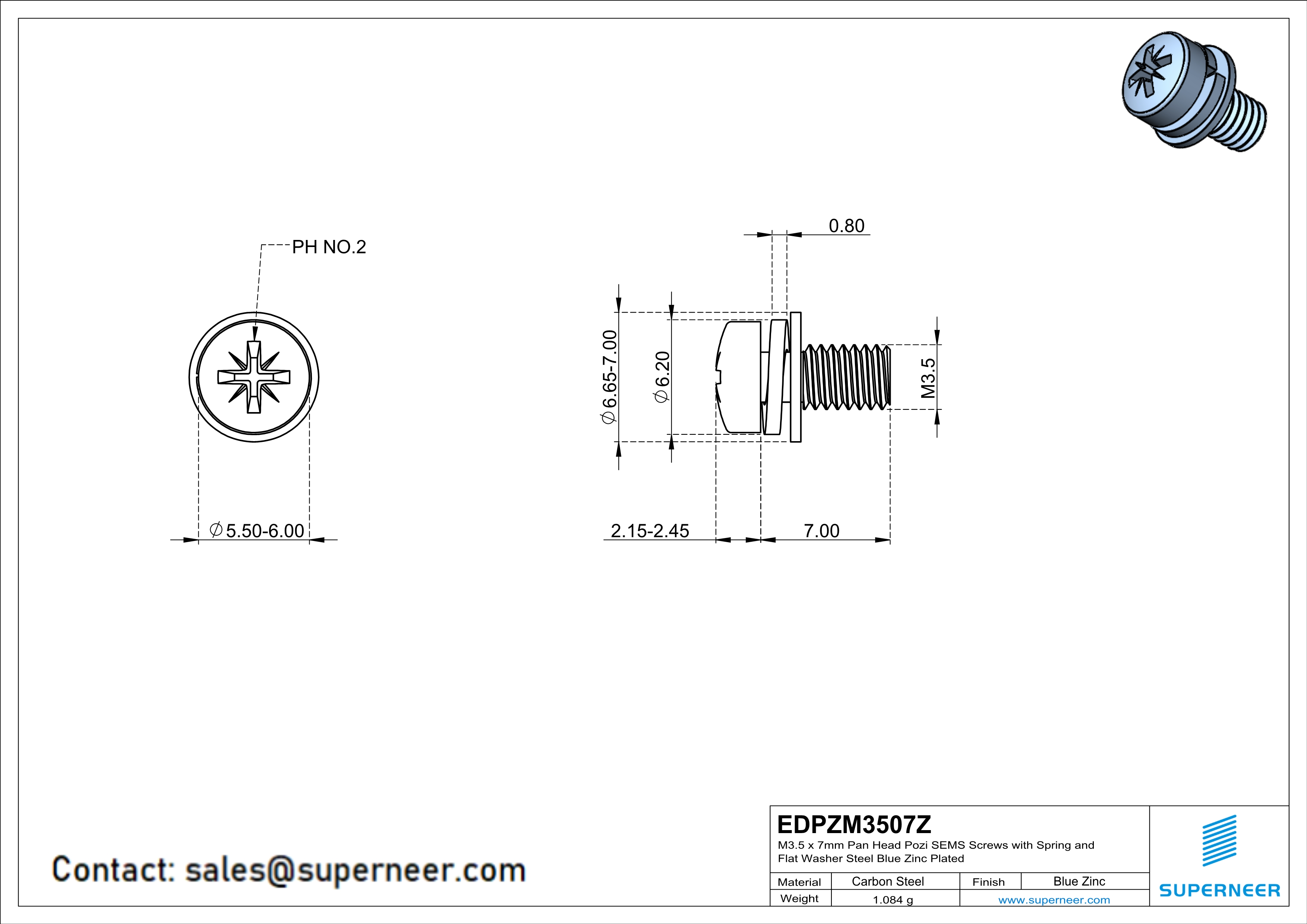 M3.5 x 7mm Pan Head Pozi SEMS Screws with Spring and Flat Washer Steel Blue Zinc Plated