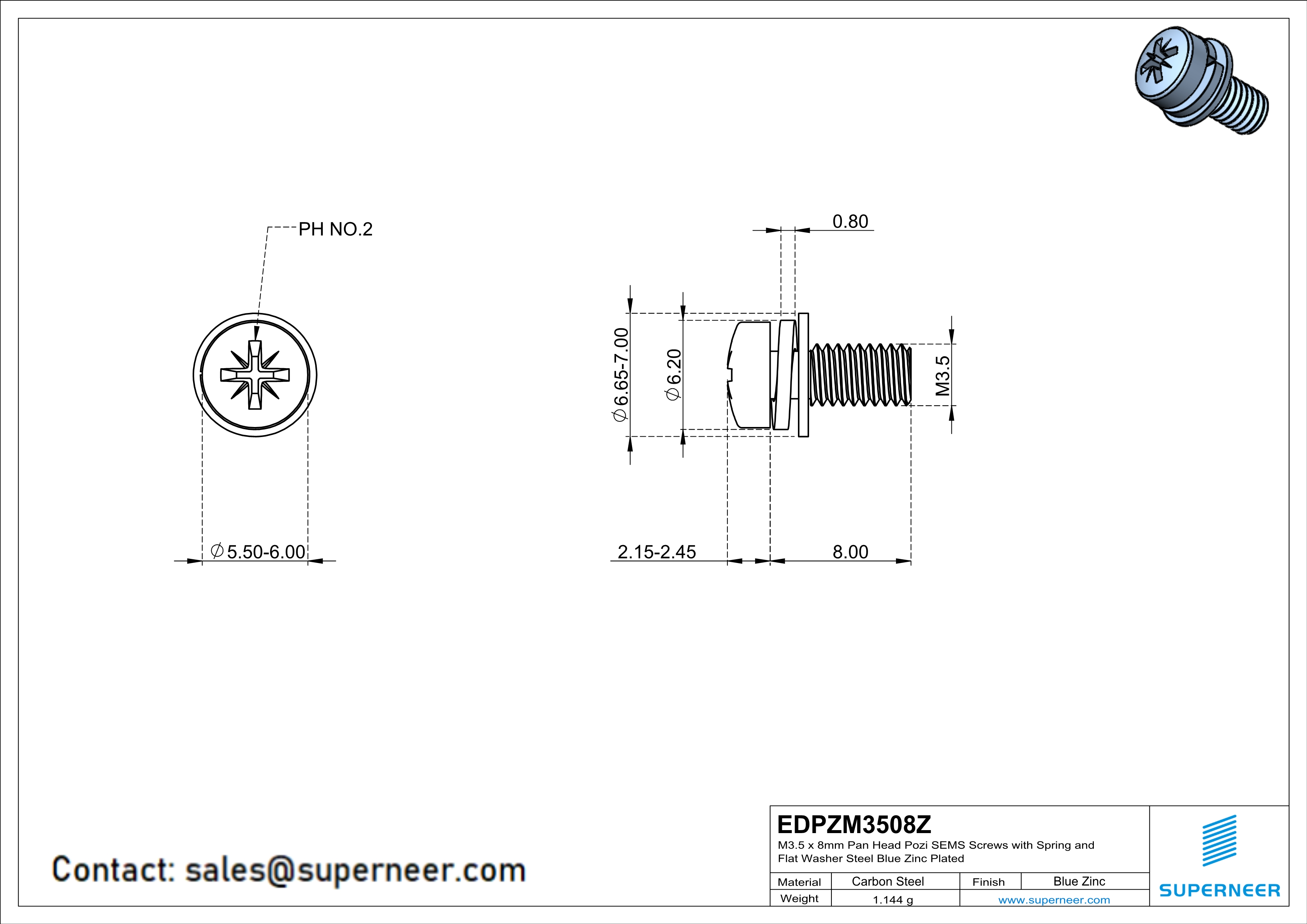 M3.5 x 8mm Pan Head Pozi SEMS Screws with Spring and Flat Washer Steel Blue Zinc Plated