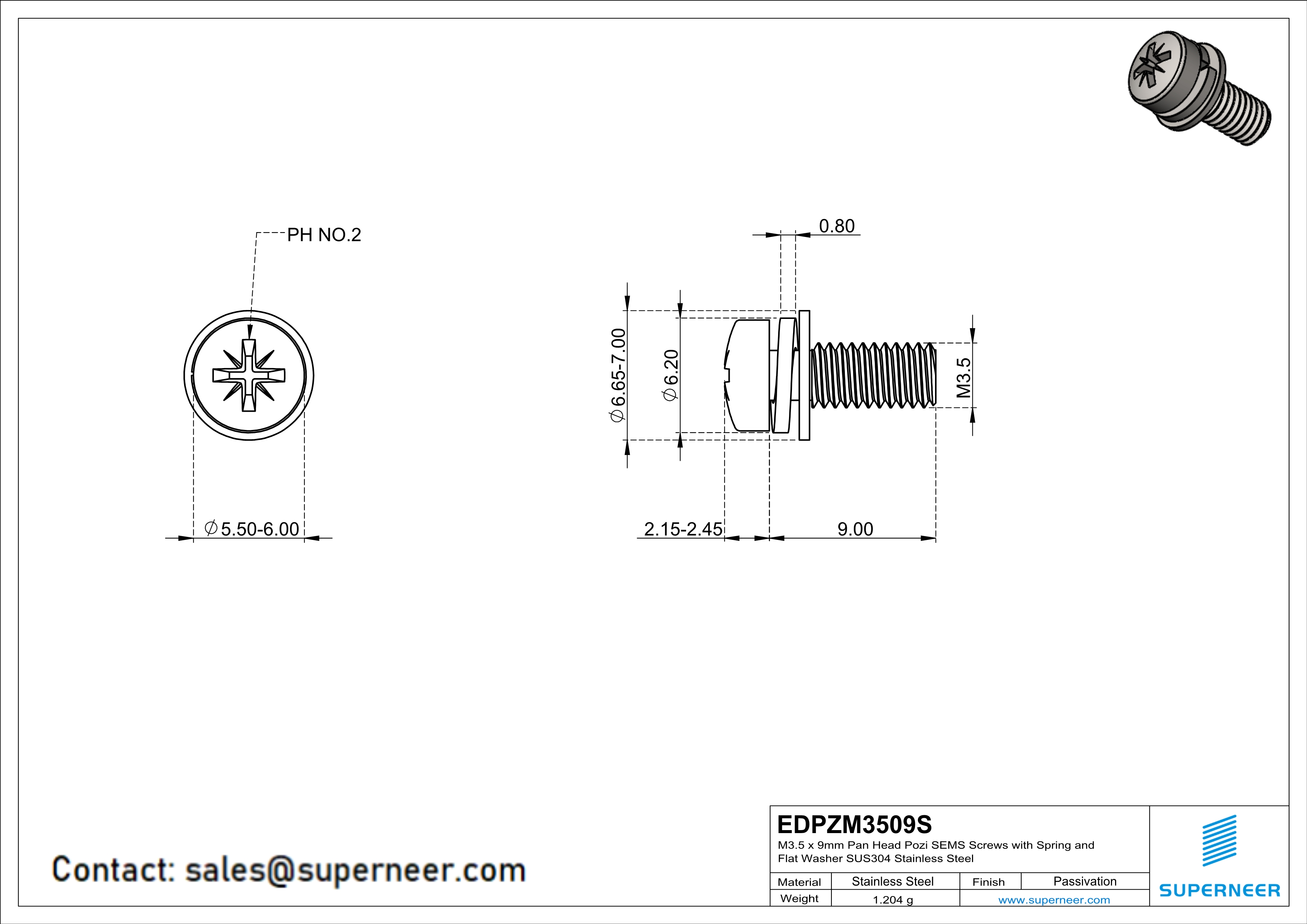 M3.5 x 9mm Pan Head Pozi SEMS Screws with Spring and Flat Washer SUS304 Stainless Steel Inox