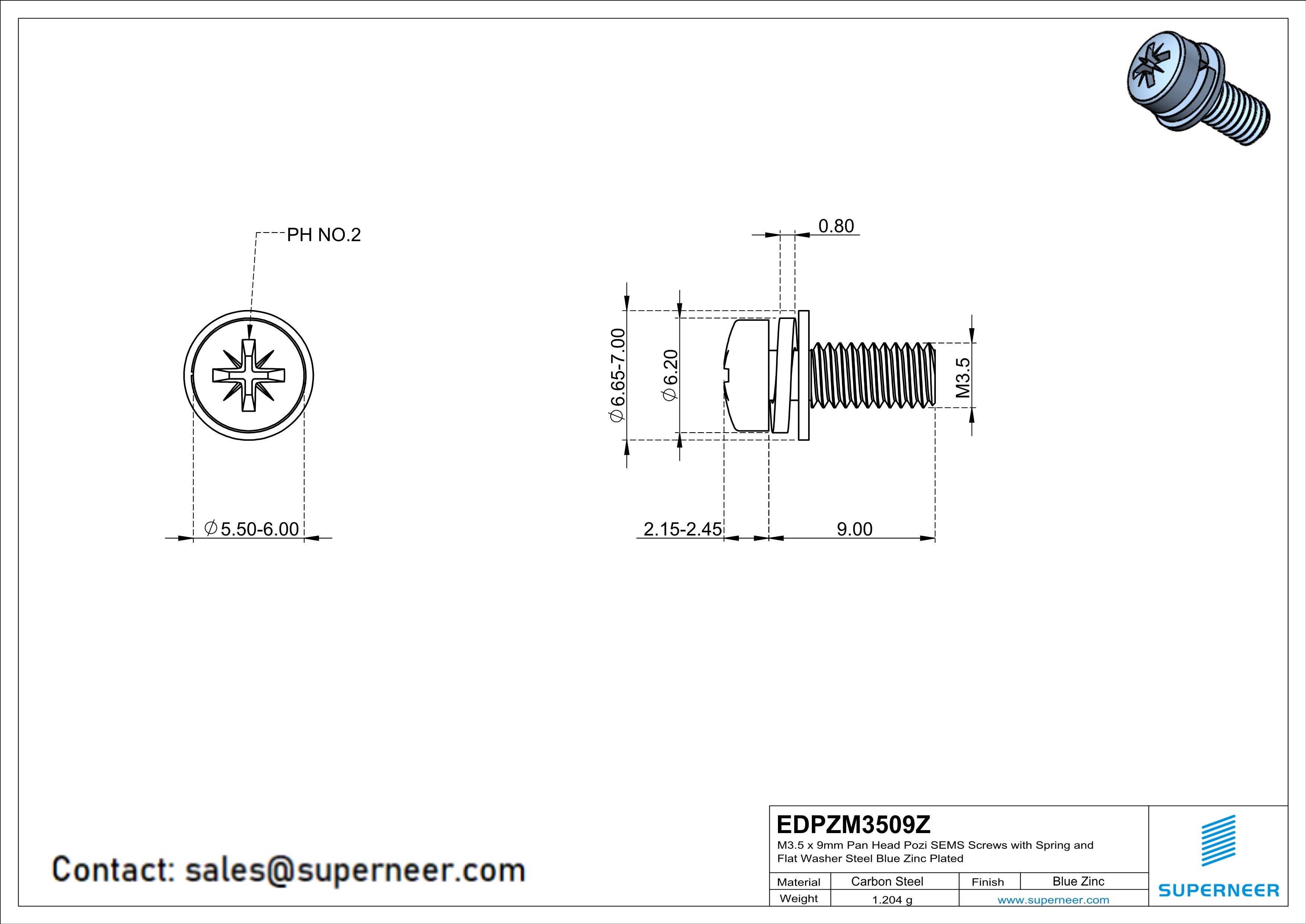 M3.5 x 9mm Pan Head Pozi SEMS Screws with Spring and Flat Washer Steel Blue Zinc Plated