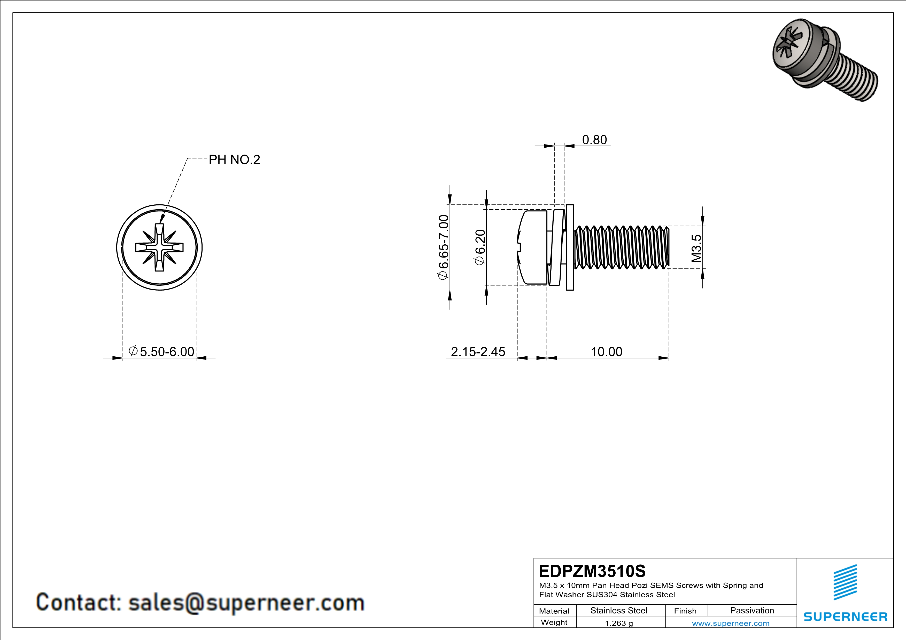 M3.5 x 10mm Pan Head Pozi SEMS Screws with Spring and Flat Washer SUS304 Stainless Steel Inox