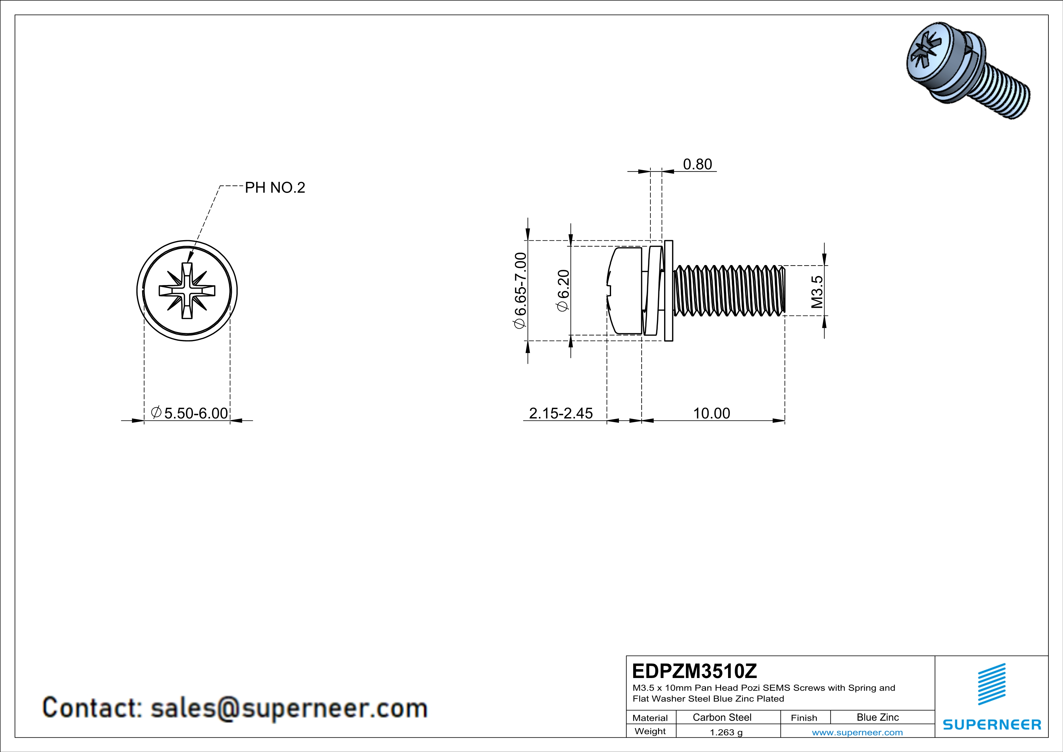 M3.5 x 10mm Pan Head Pozi SEMS Screws with Spring and Flat Washer Steel Blue Zinc Plated