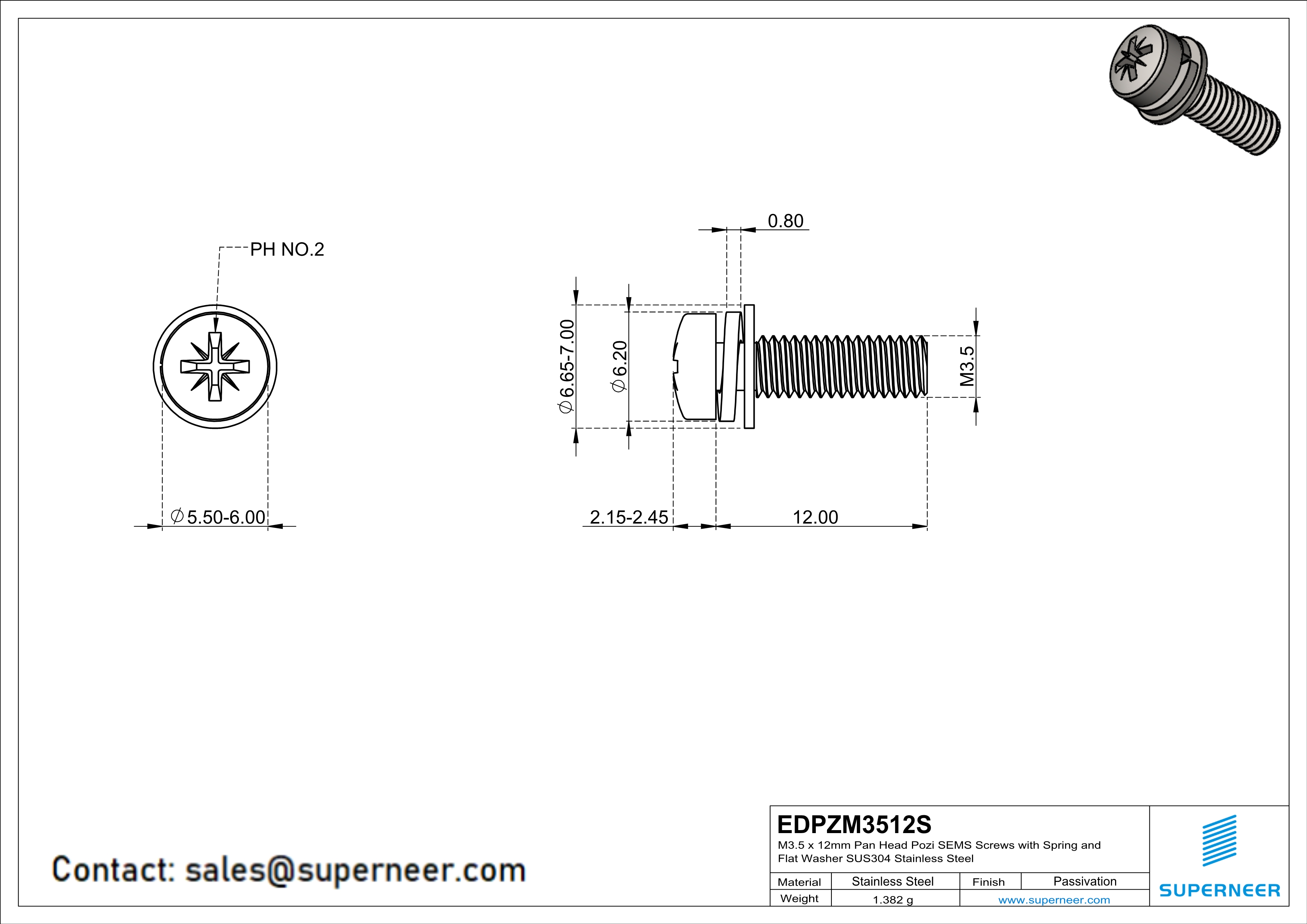 M3.5 x 12mm Pan Head Pozi SEMS Screws with Spring and Flat Washer SUS304 Stainless Steel Inox