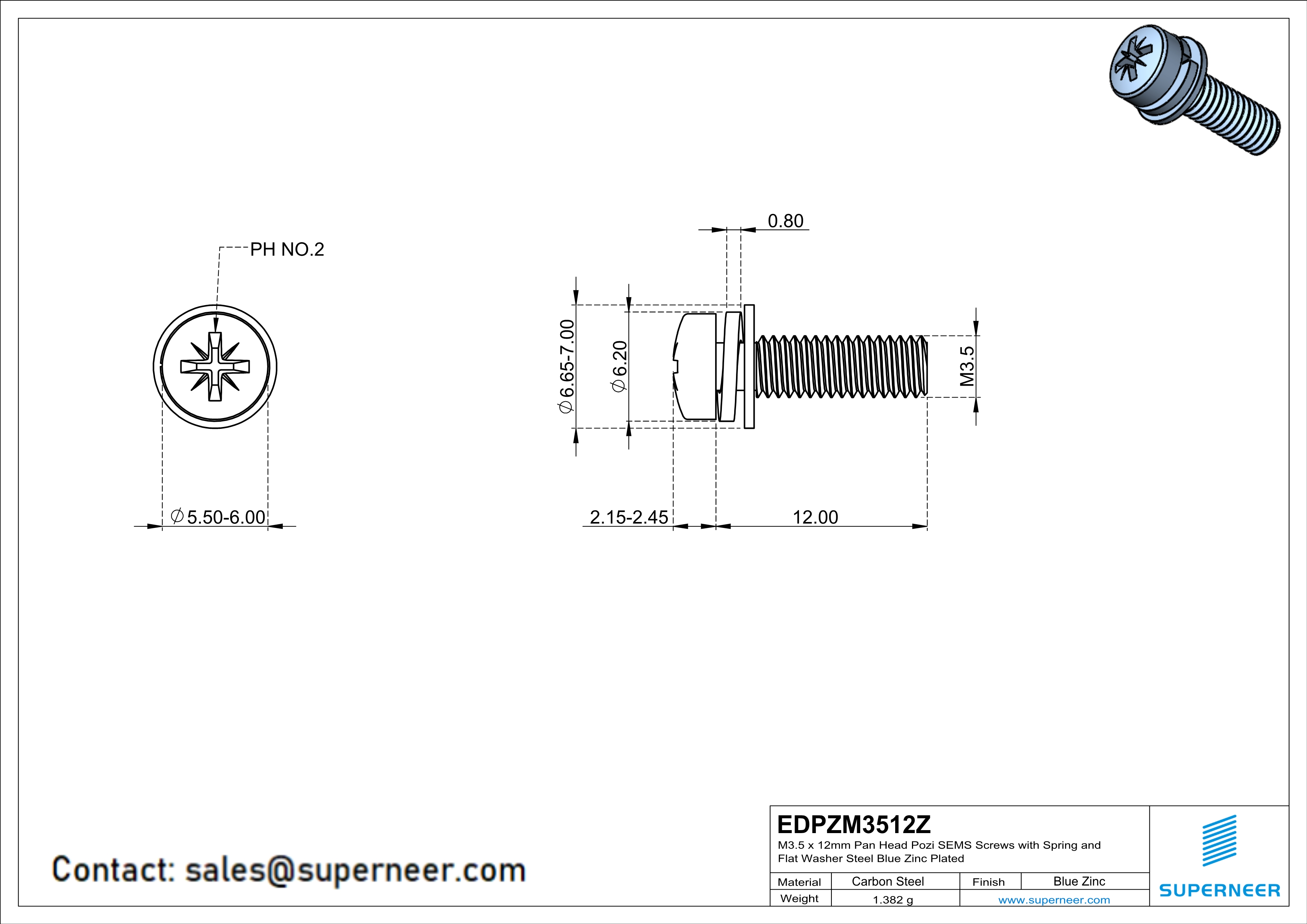 M3.5 x 12mm Pan Head Pozi SEMS Screws with Spring and Flat Washer Steel Blue Zinc Plated