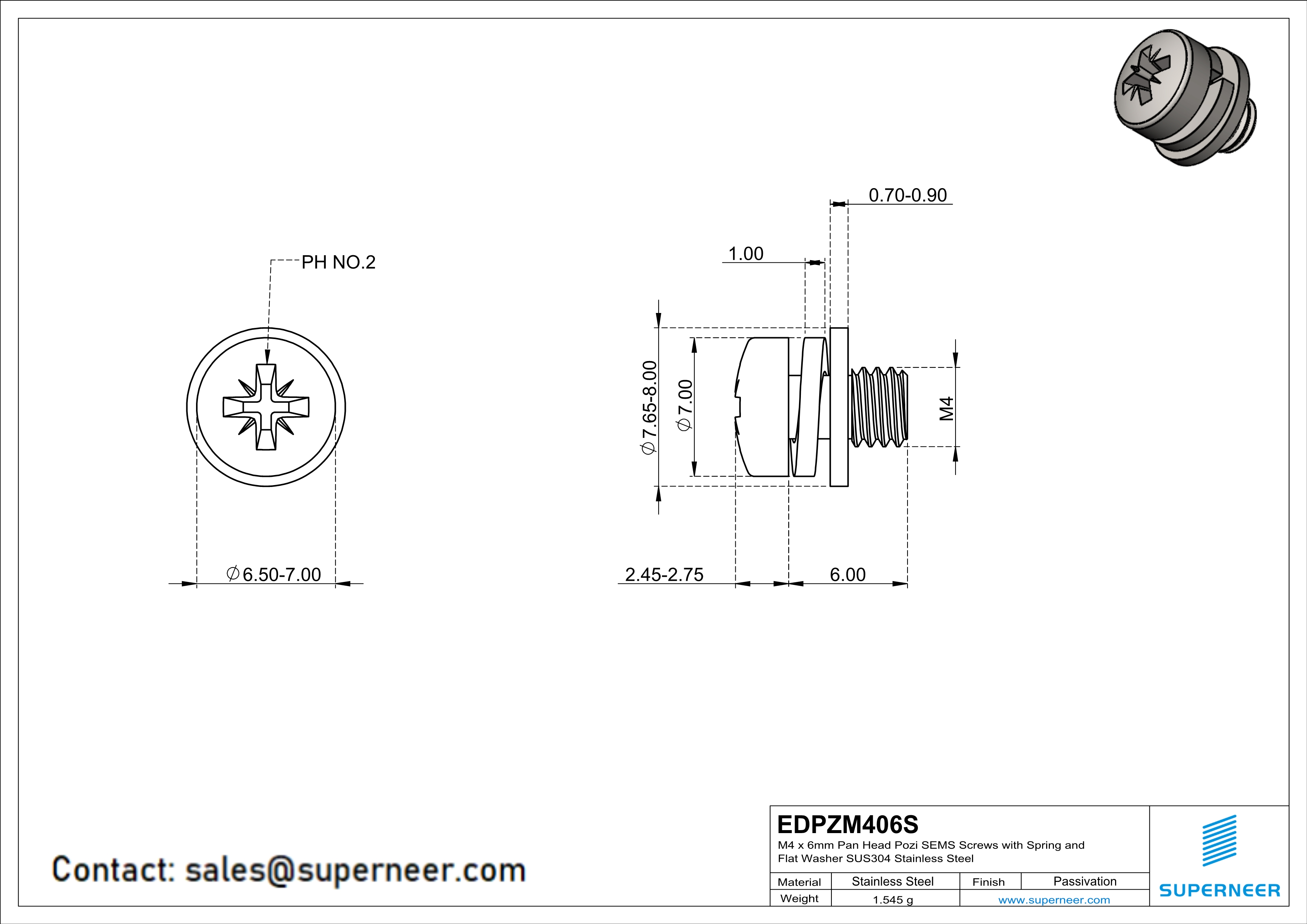 M4 x 6mm Pan Head Pozi SEMS Screws with Spring and Flat Washer SUS304 Stainless Steel Inox