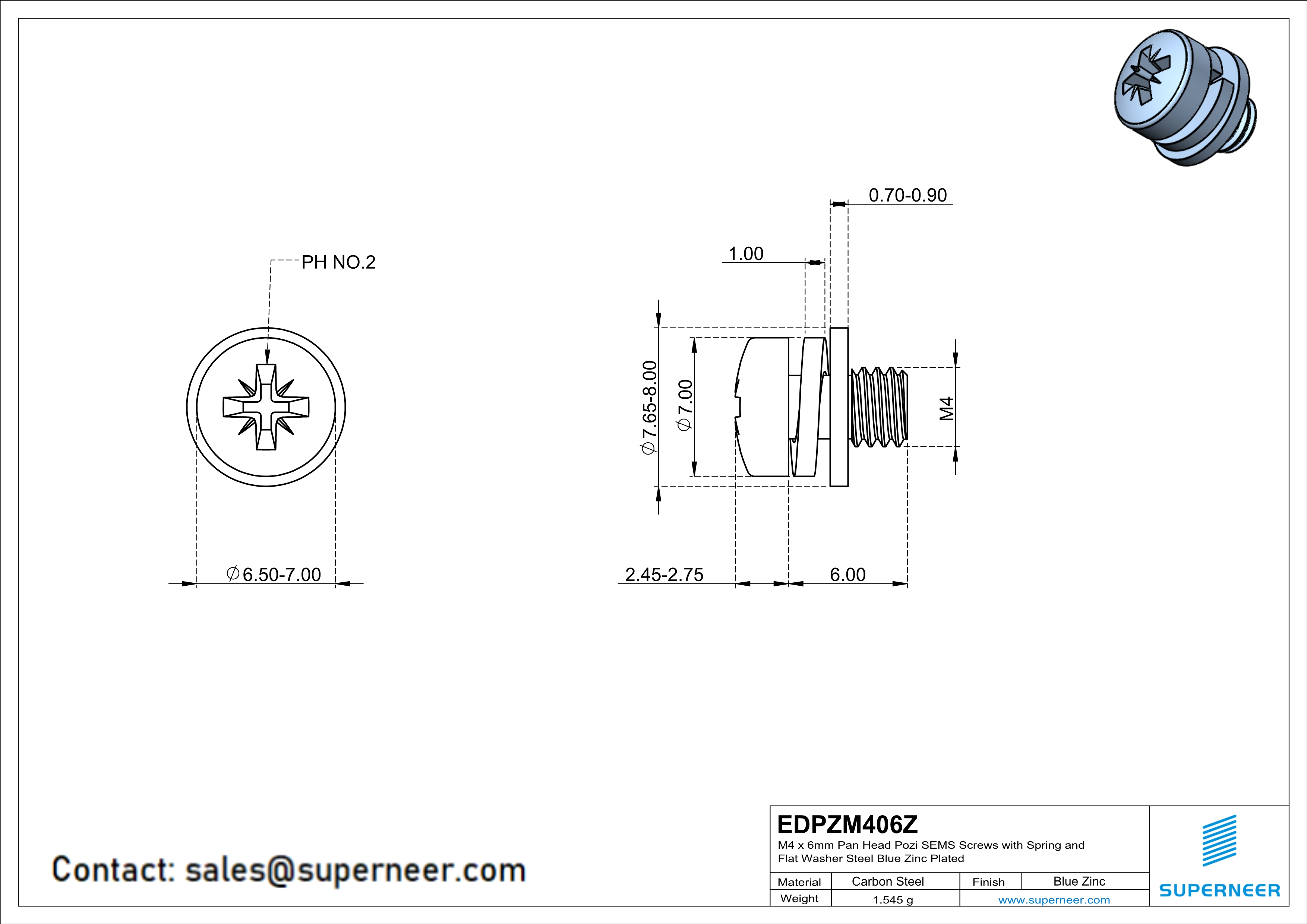 M4 x 6mm Pan Head Pozi SEMS Screws with Spring and Flat Washer Steel Blue Zinc Plated