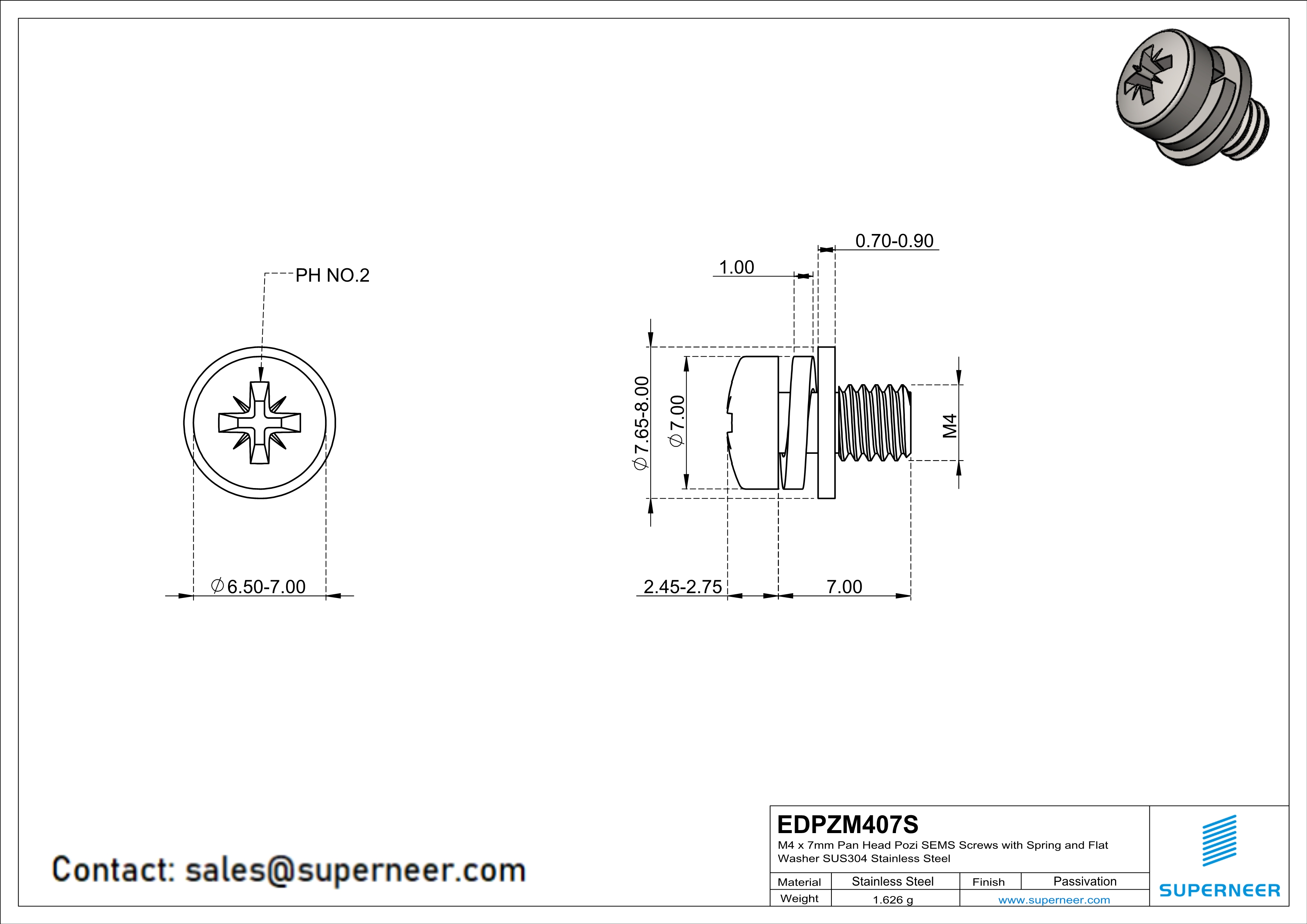 M4 x 7mm Pan Head Pozi SEMS Screws with Spring and Flat Washer SUS304 Stainless Steel Inox