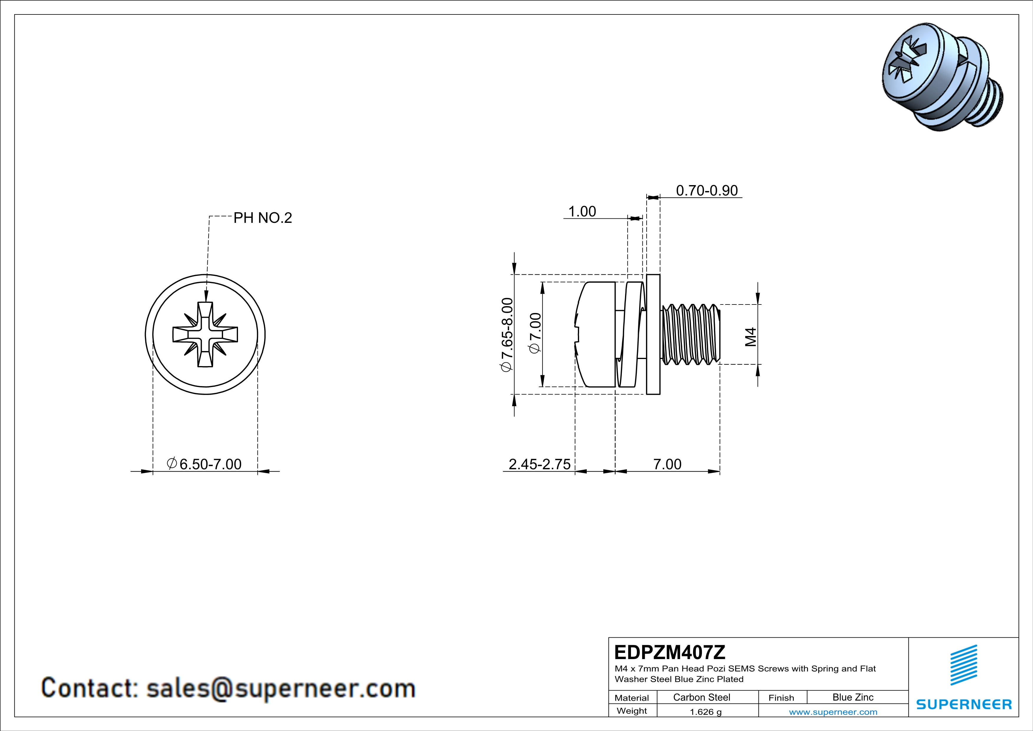 M4 x 7mm Pan Head Pozi SEMS Screws with Spring and Flat Washer Steel Blue Zinc Plated