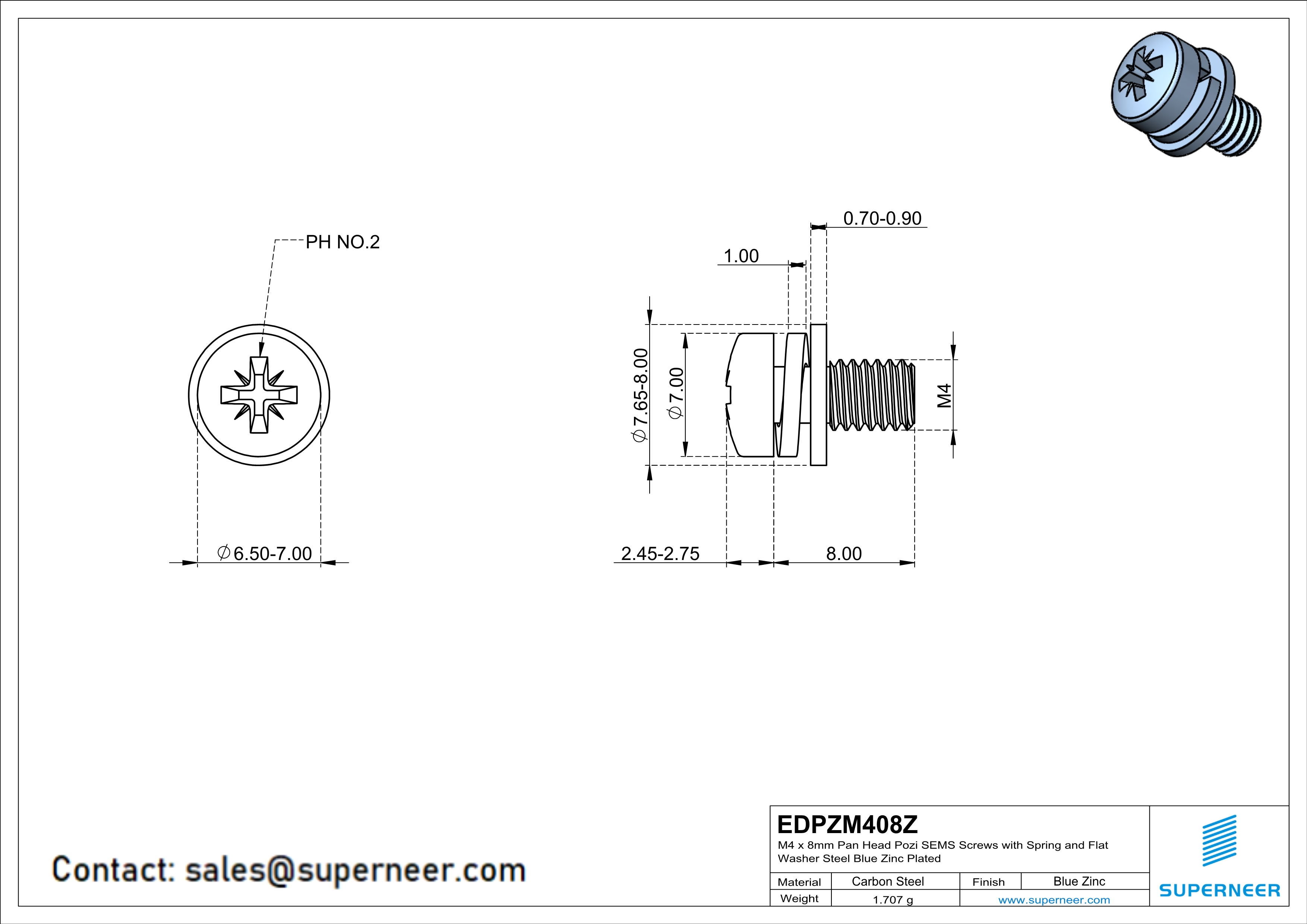 M4 x 8mm Pan Head Pozi SEMS Screws with Spring and Flat Washer Steel Blue Zinc Plated