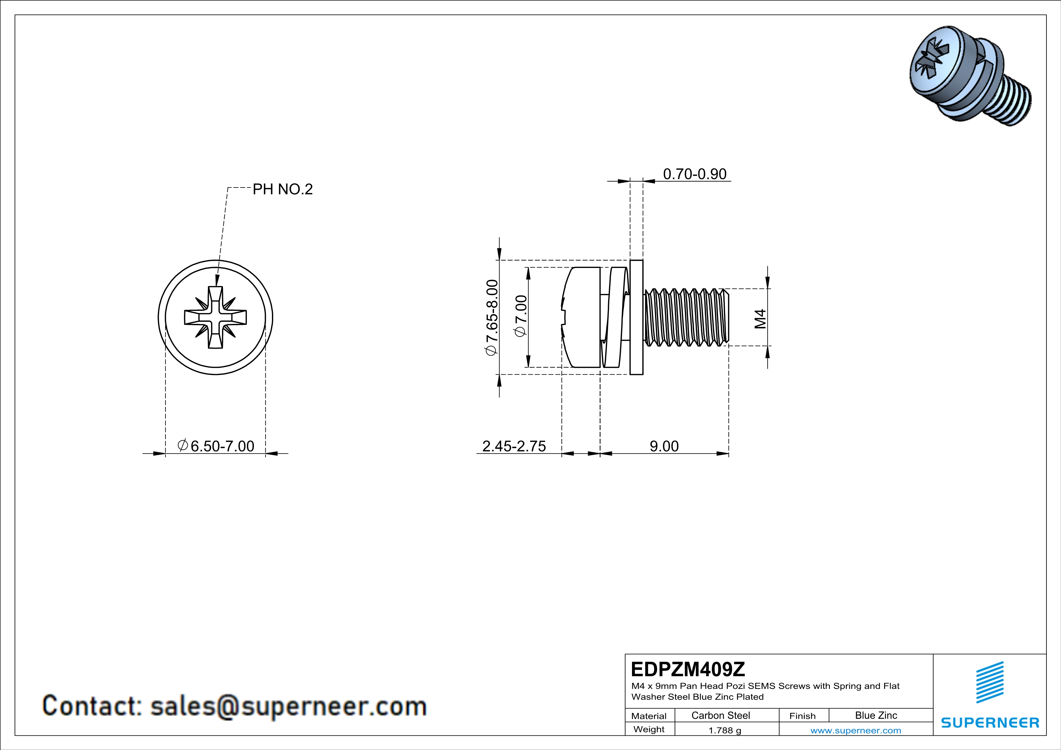 M4 x 9mm Pan Head Pozi SEMS Screws with Spring and Flat Washer Steel Blue Zinc Plated