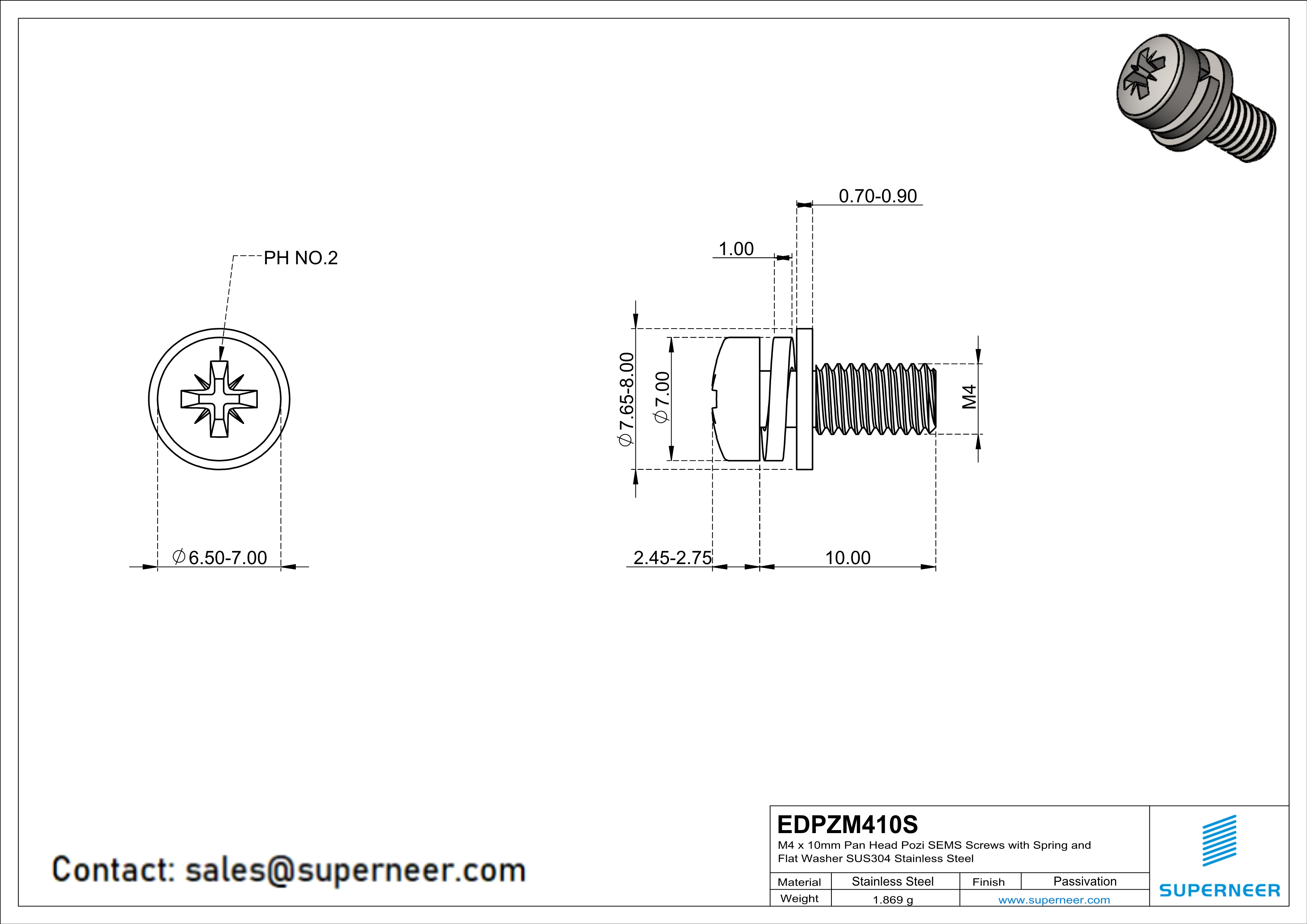 M4 x 10mm Pan Head Pozi SEMS Screws with Spring and Flat Washer SUS304 Stainless Steel Inox