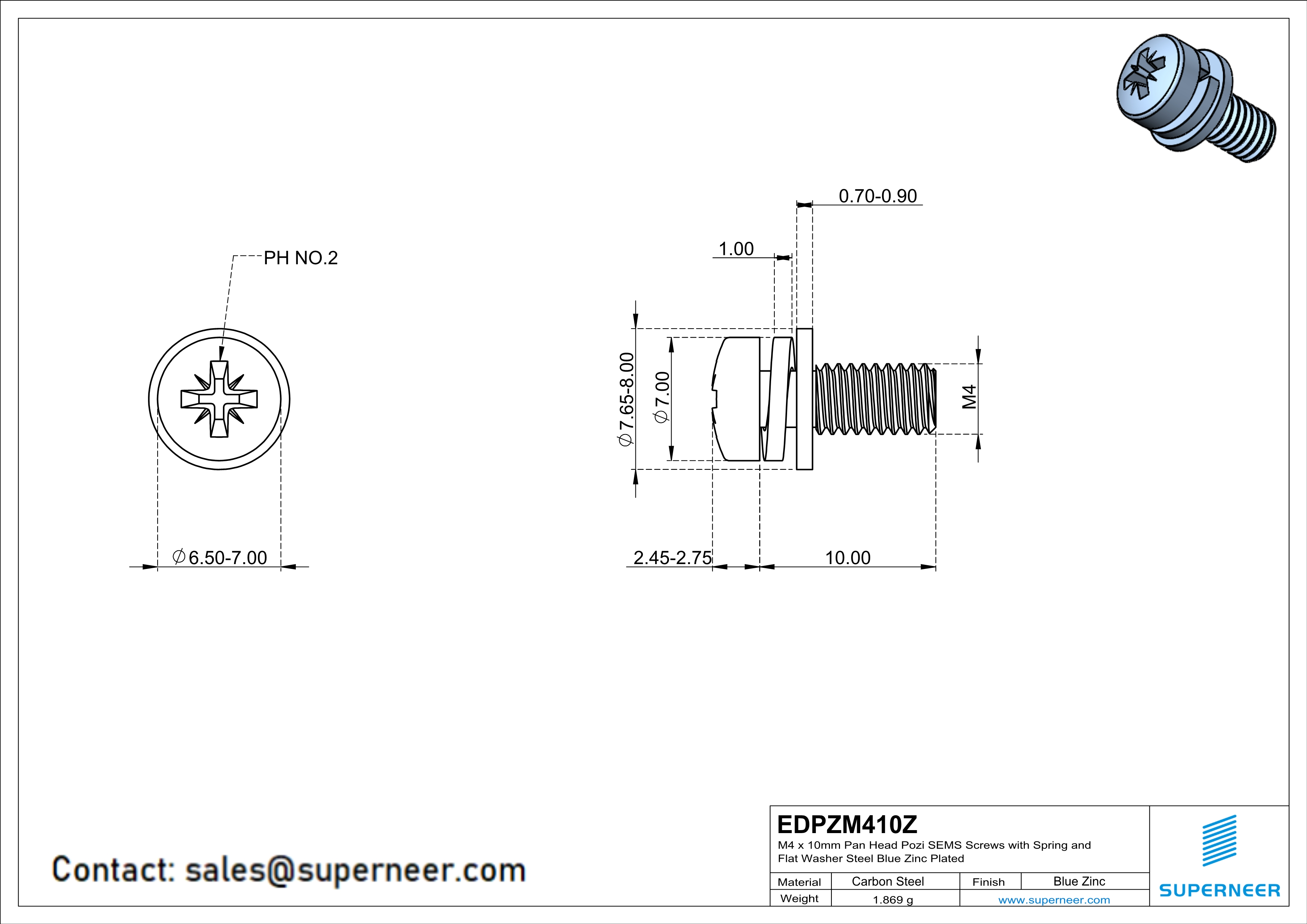 M4 x 10mm Pan Head Pozi SEMS Screws with Spring and Flat Washer Steel Blue Zinc Plated