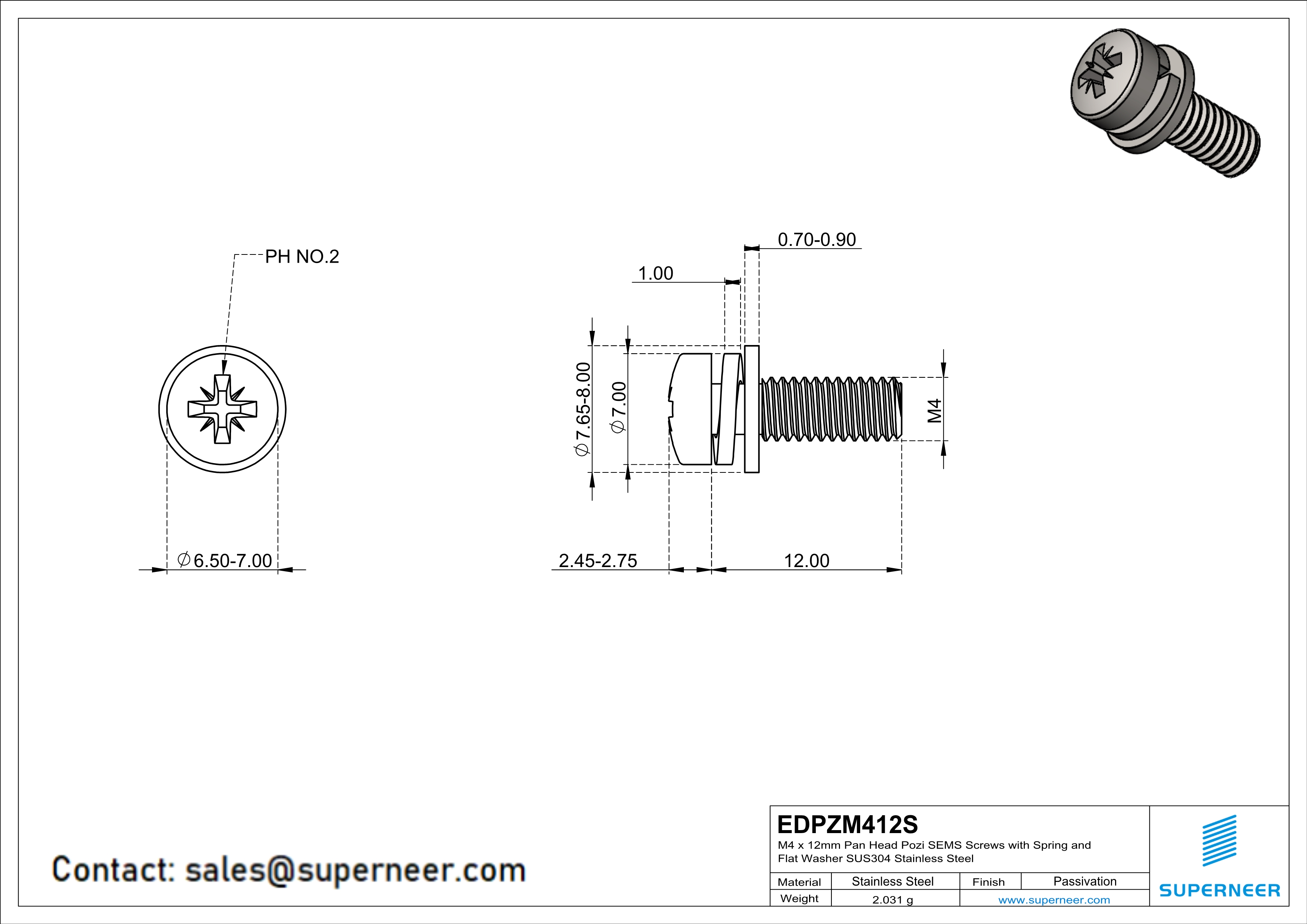 M4 x 12mm Pan Head Pozi SEMS Screws with Spring and Flat Washer SUS304 Stainless Steel Inox