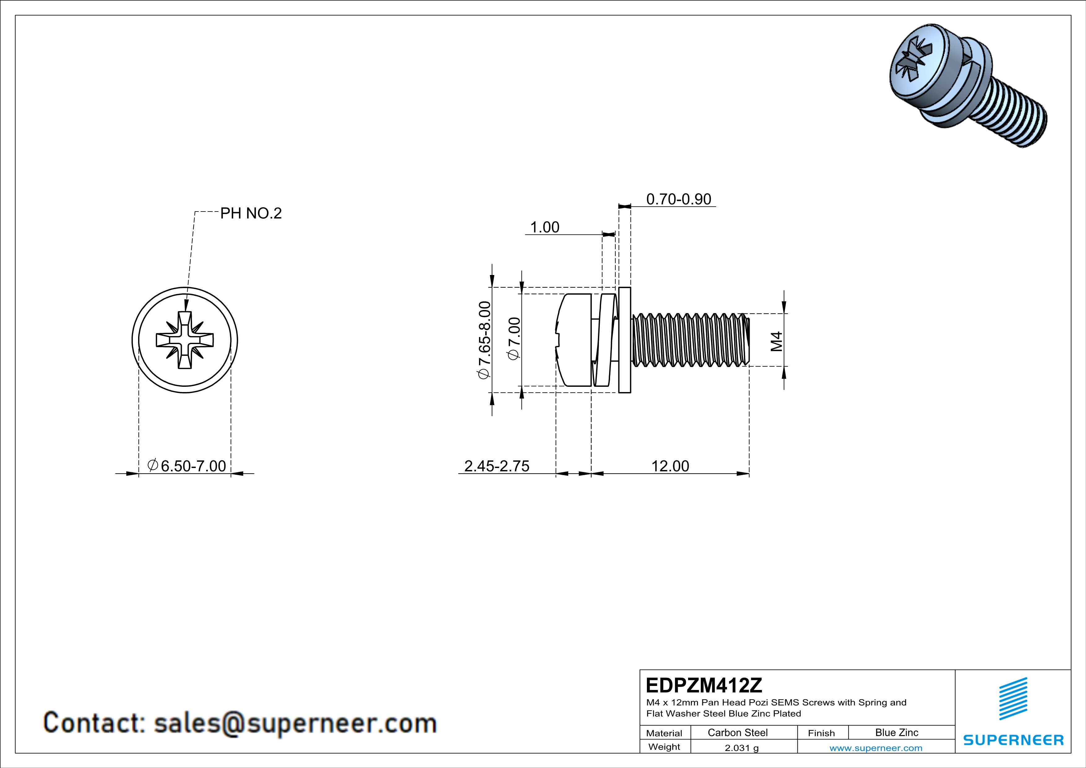 M4 x 12mm Pan Head Pozi SEMS Screws with Spring and Flat Washer Steel Blue Zinc Plated