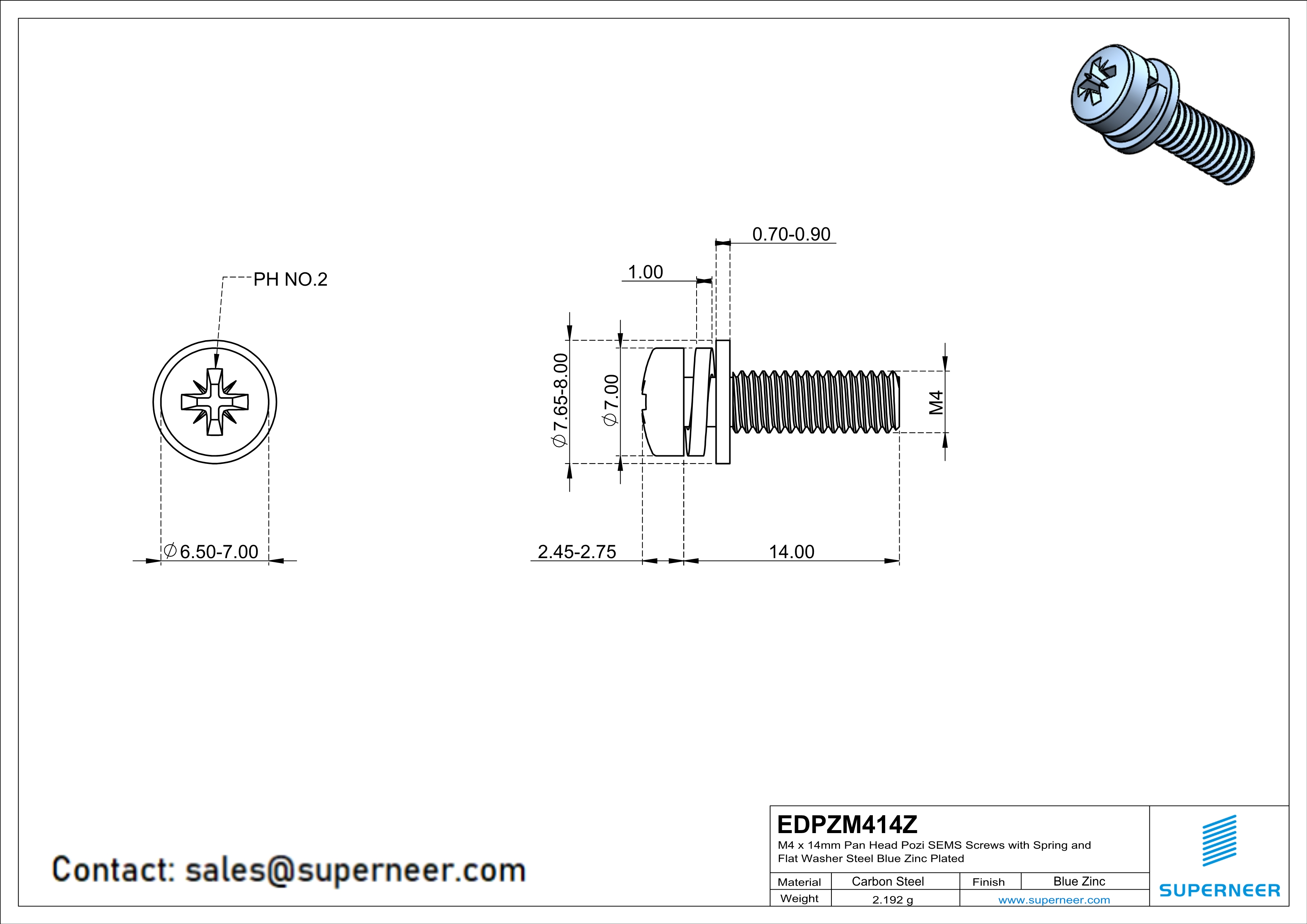 M4 x 14mm Pan Head Pozi SEMS Screws with Spring and Flat Washer Steel Blue Zinc Plated