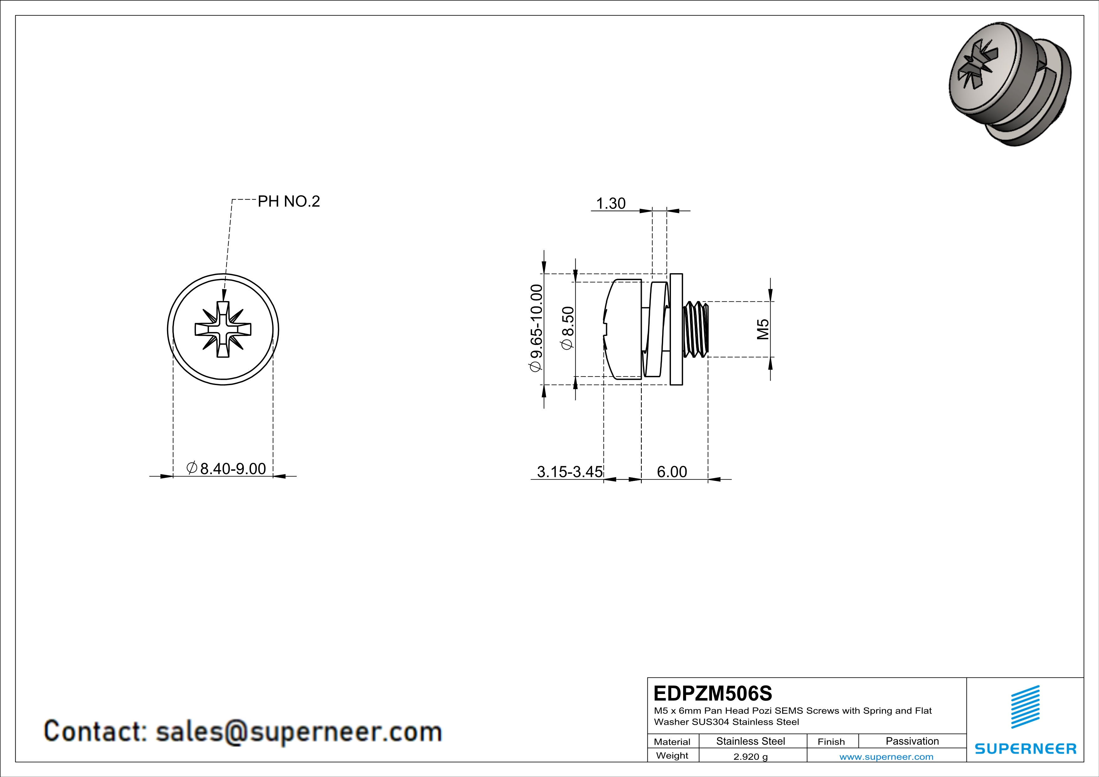 M5 x 6mm Pan Head Pozi SEMS Screws with Spring and Flat Washer SUS304 Stainless Steel Inox