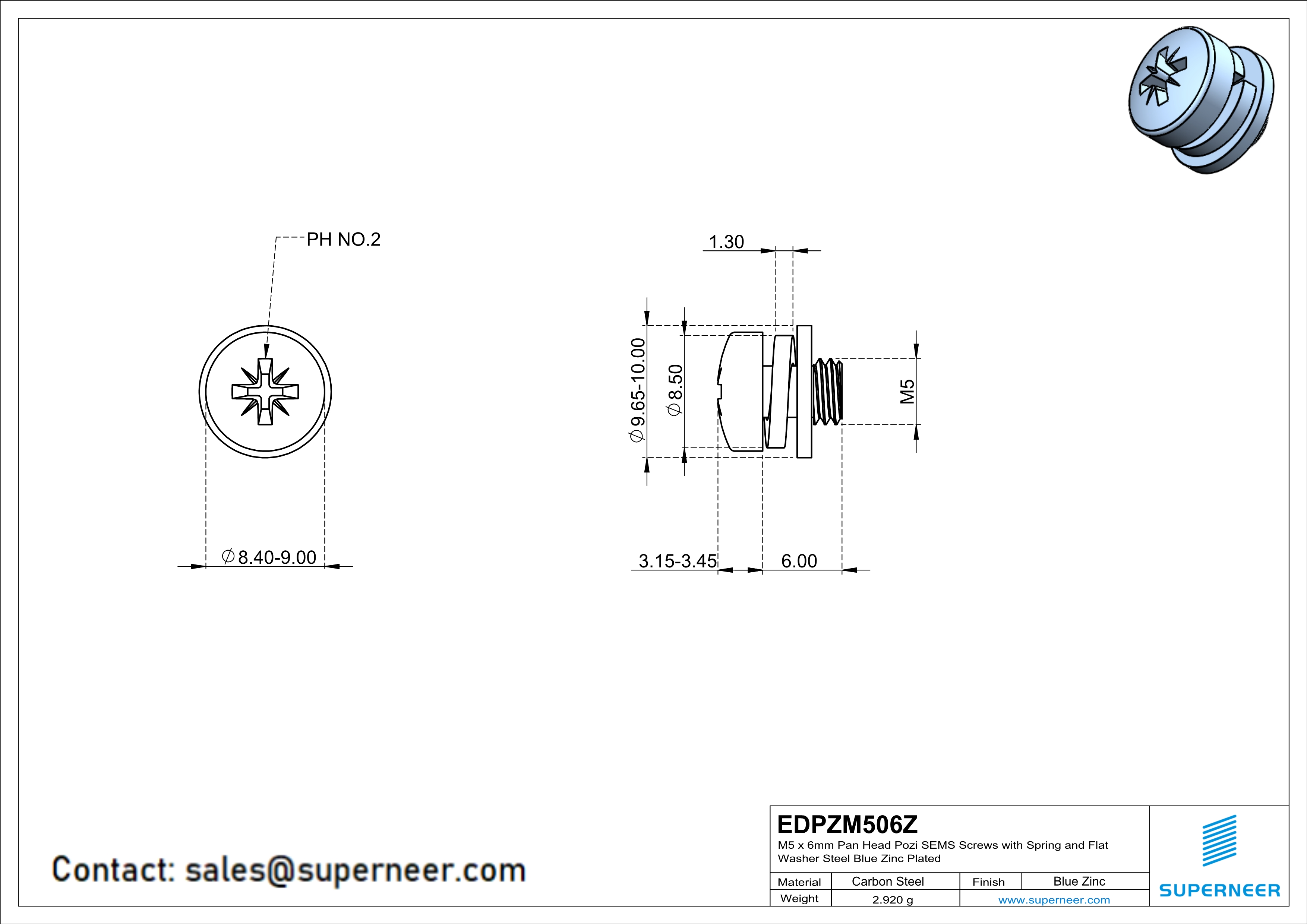 M5 x 6mm Pan Head Pozi SEMS Screws with Spring and Flat Washer Steel Blue Zinc Plated