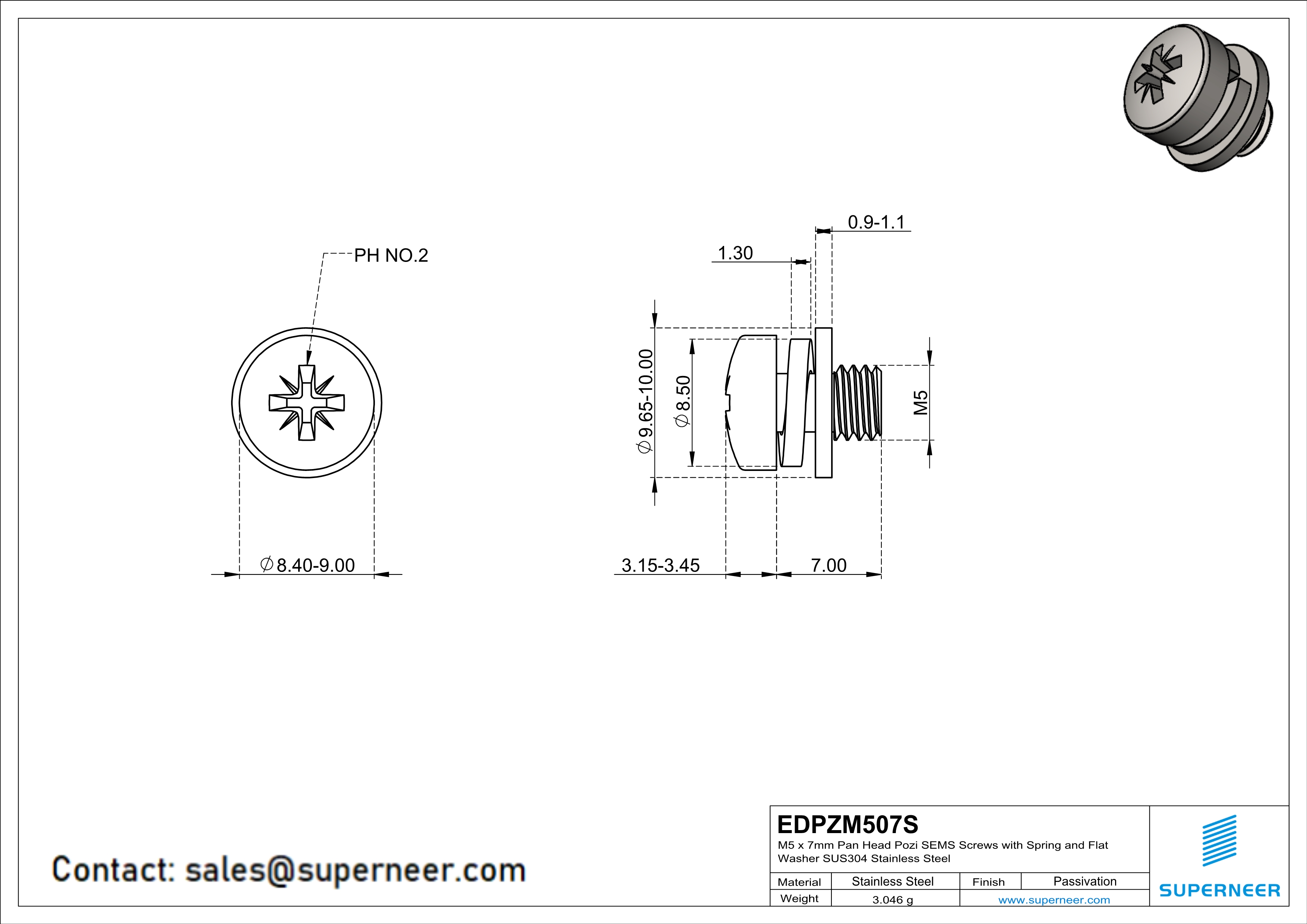 M5 x 7mm Pan Head Pozi SEMS Screws with Spring and Flat Washer SUS304 Stainless Steel Inox