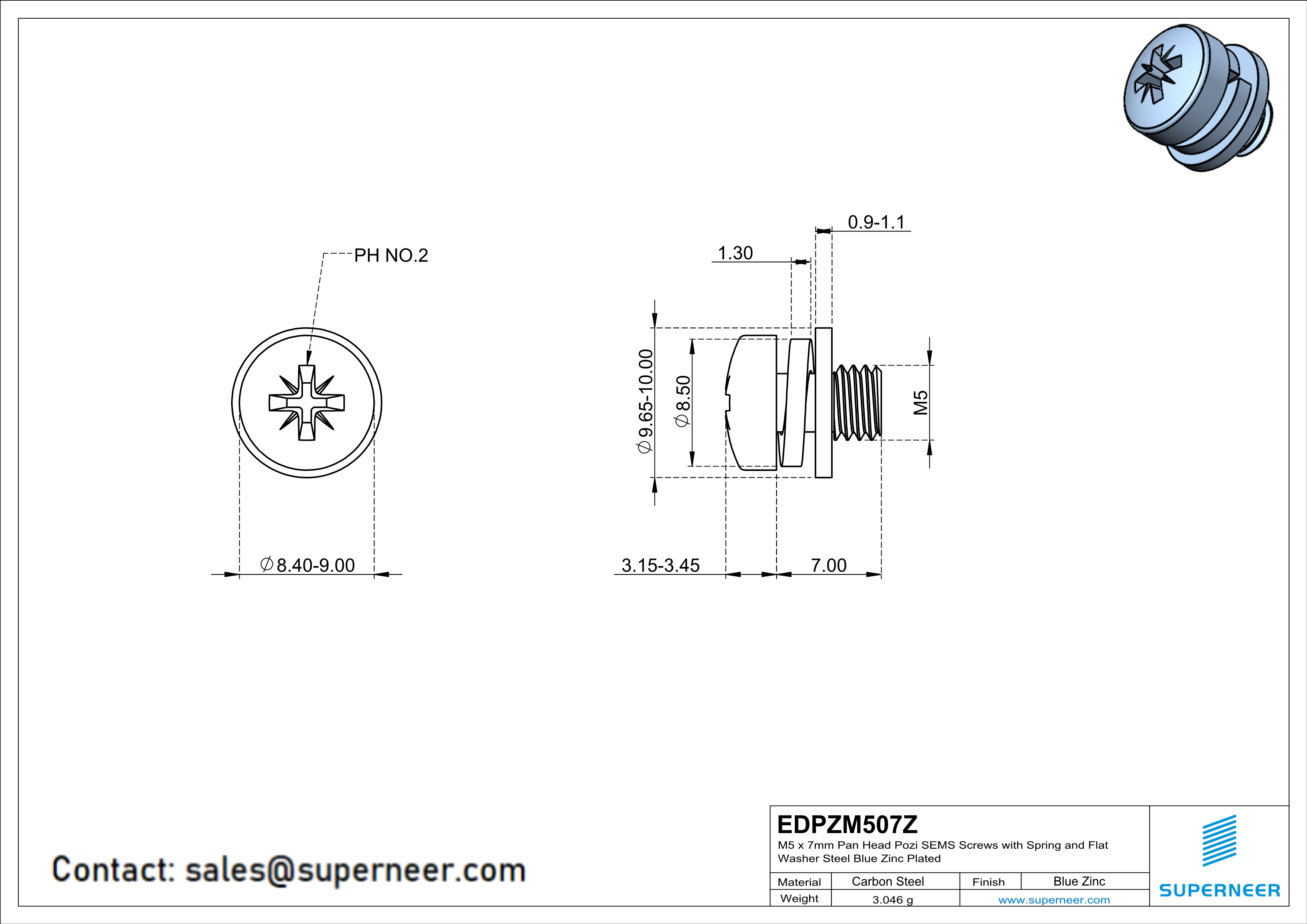 M5 x 7mm Pan Head Pozi SEMS Screws with Spring and Flat Washer Steel Blue Zinc Plated