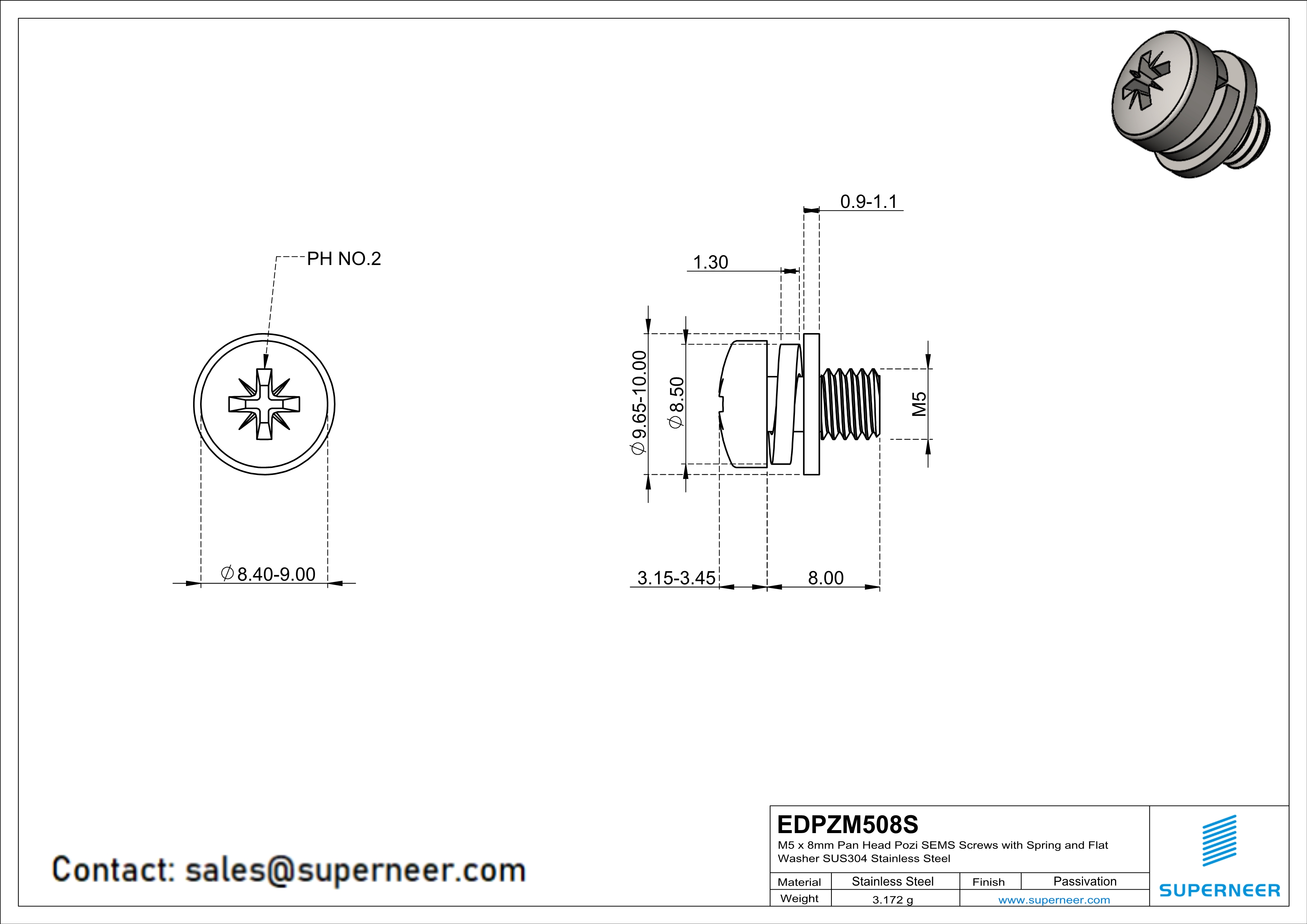 M5 x 8mm Pan Head Pozi SEMS Screws with Spring and Flat Washer SUS304 Stainless Steel Inox