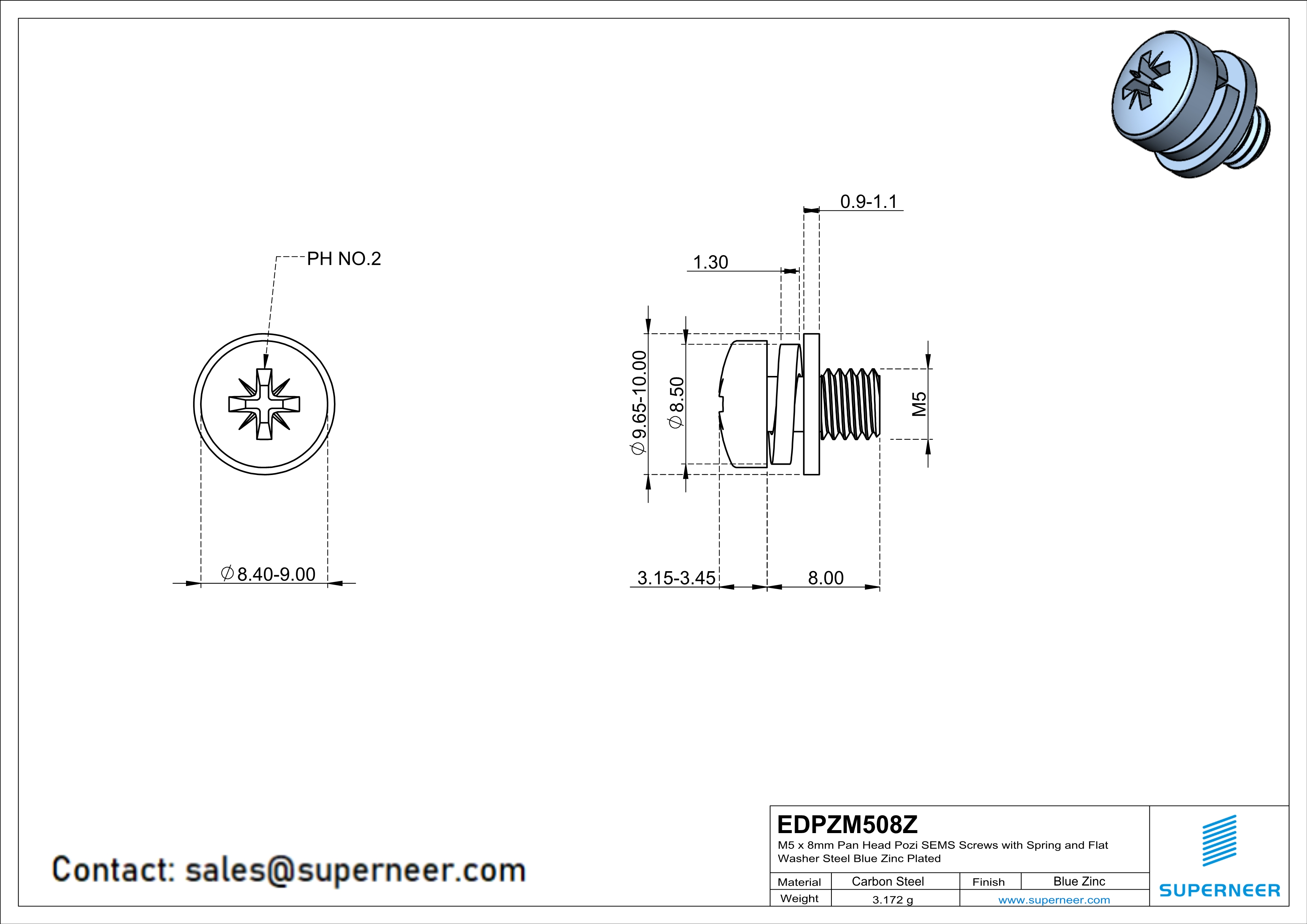 M5 x 8mm Pan Head Pozi SEMS Screws with Spring and Flat Washer Steel Blue Zinc Plated