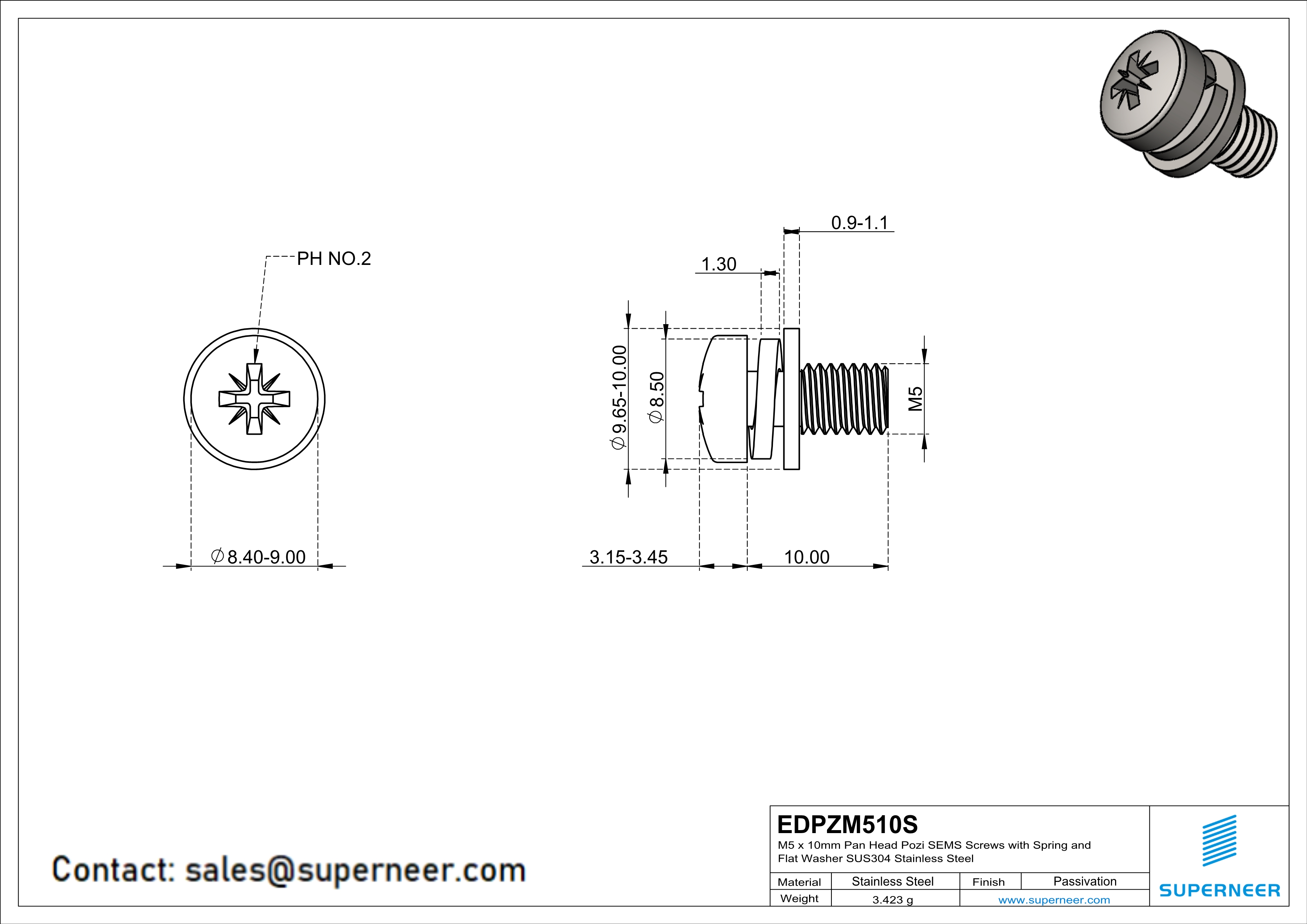 M5 x 10mm Pan Head Pozi SEMS Screws with Spring and Flat Washer SUS304 Stainless Steel Inox