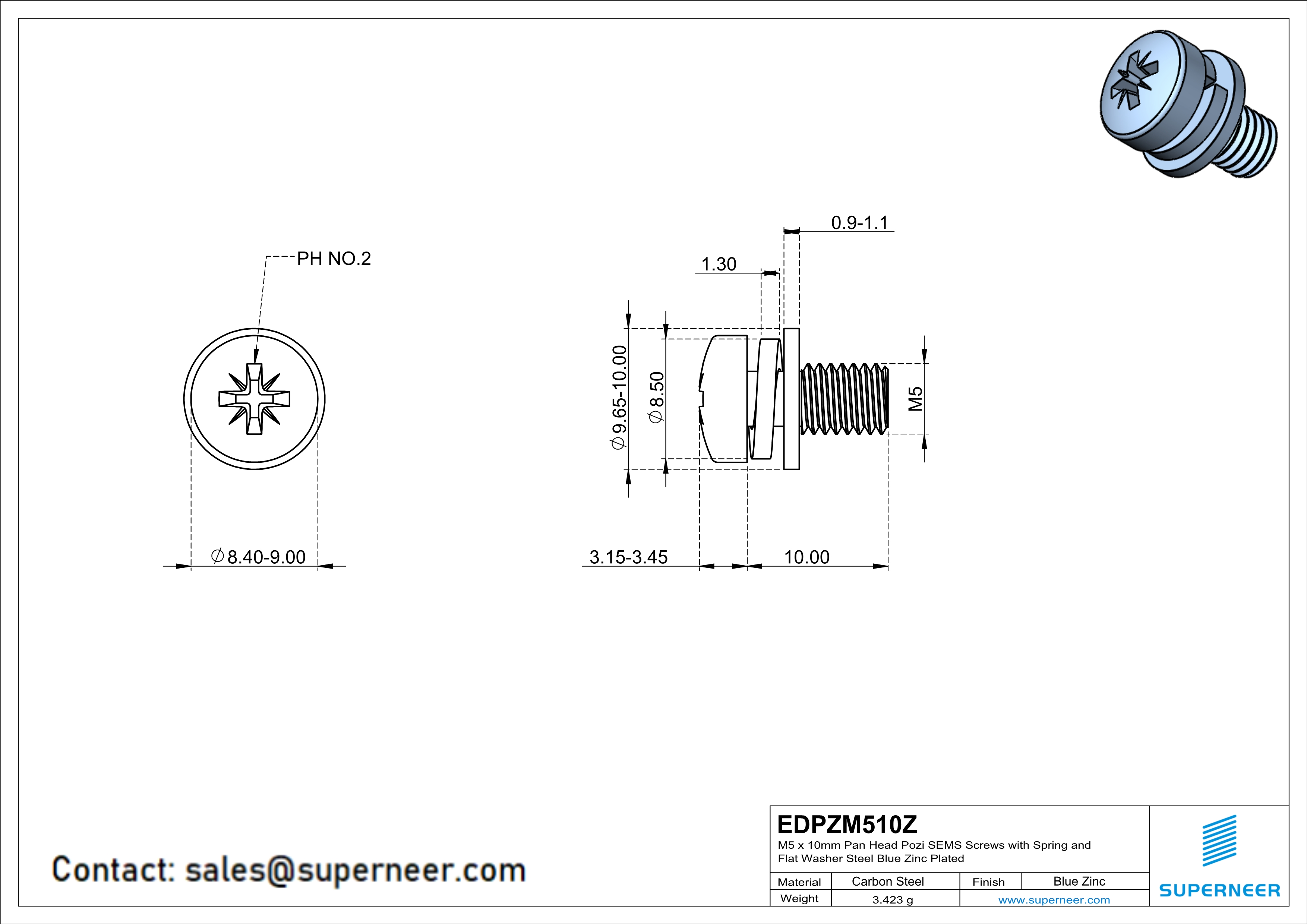 M5 x 10mm Pan Head Pozi SEMS Screws with Spring and Flat Washer Steel Blue Zinc Plated