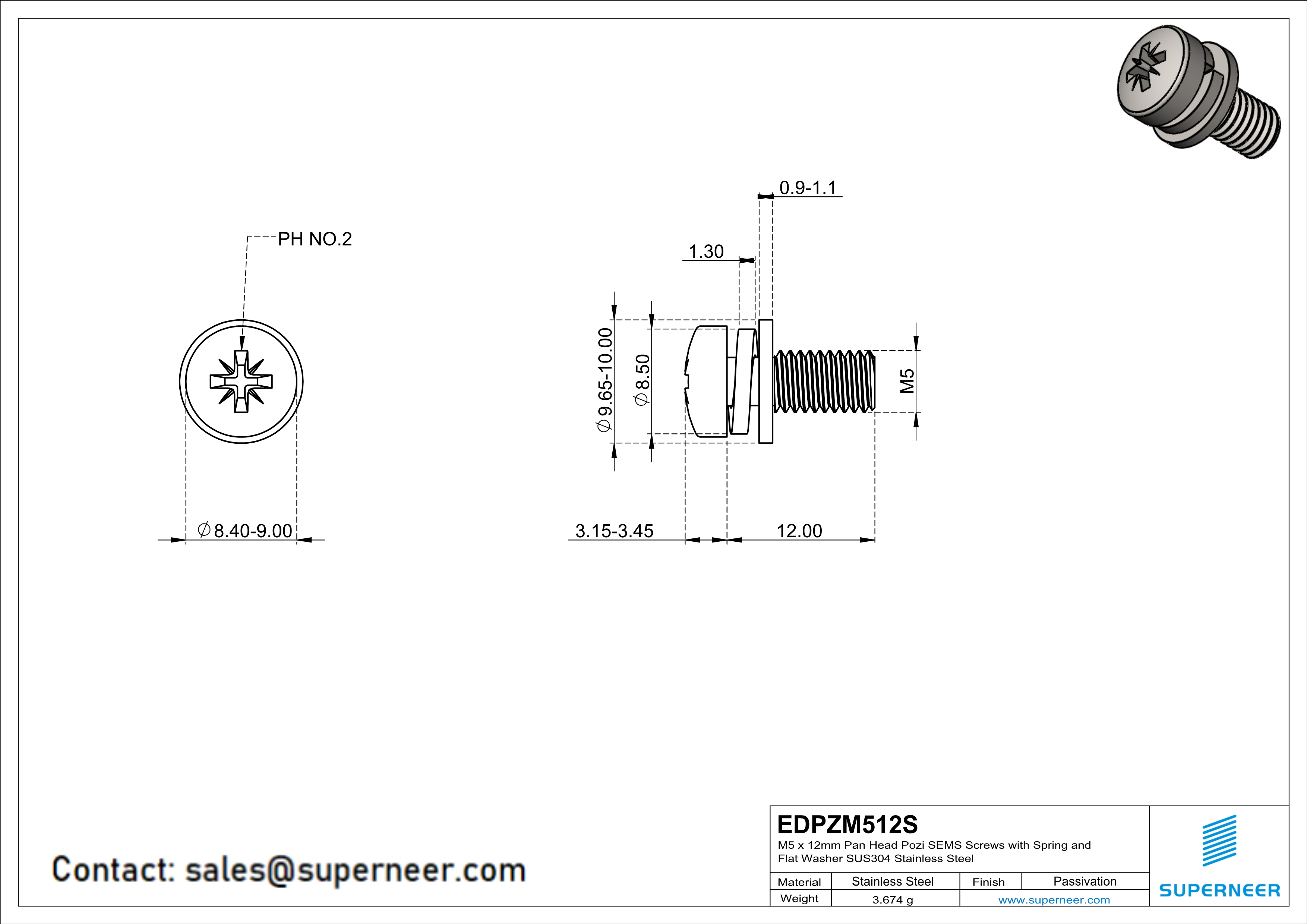 M5 x 12mm Pan Head Pozi SEMS Screws with Spring and Flat Washer SUS304 Stainless Steel Inox