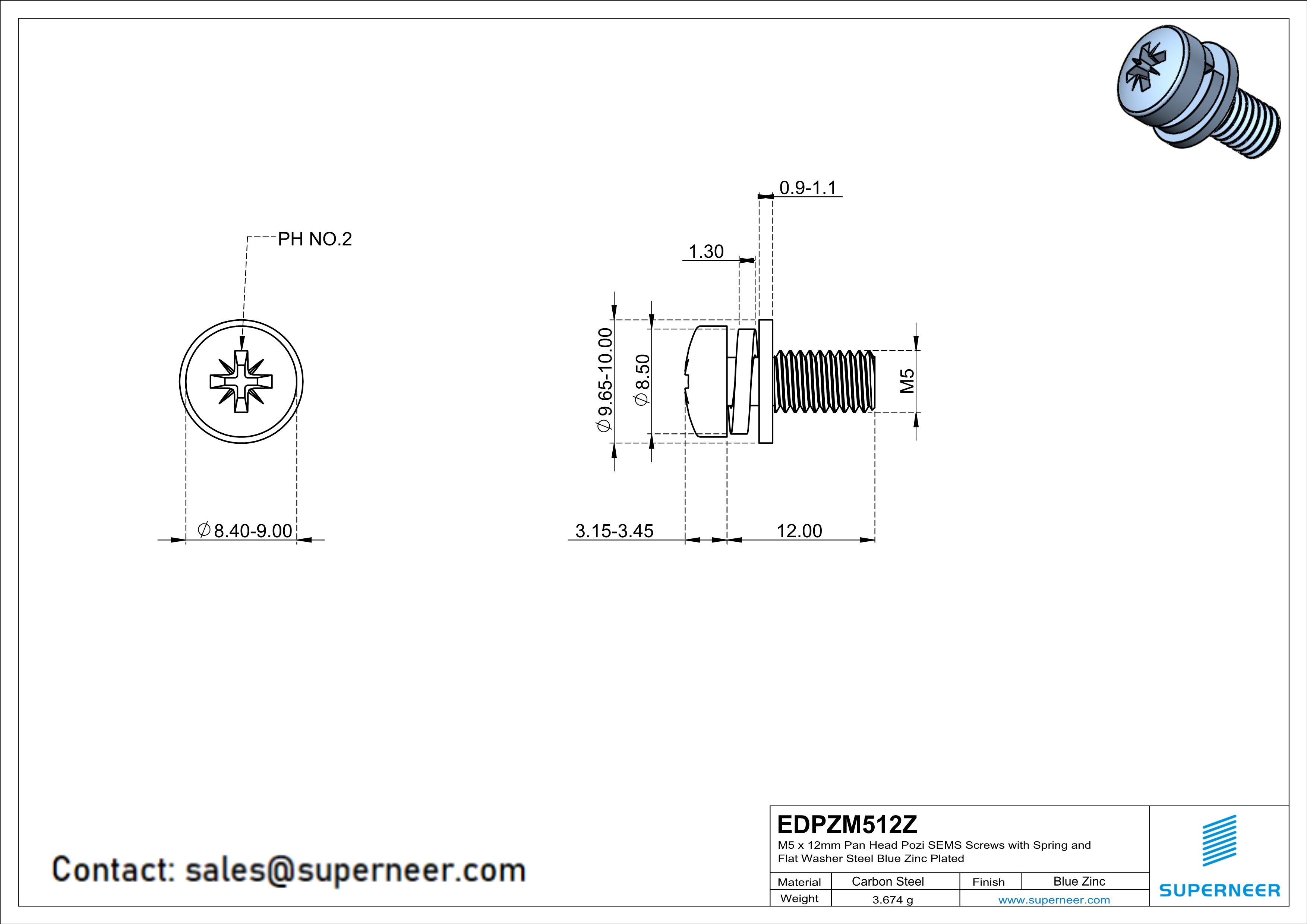 M5 x 12mm Pan Head Pozi SEMS Screws with Spring and Flat Washer Steel Blue Zinc Plated