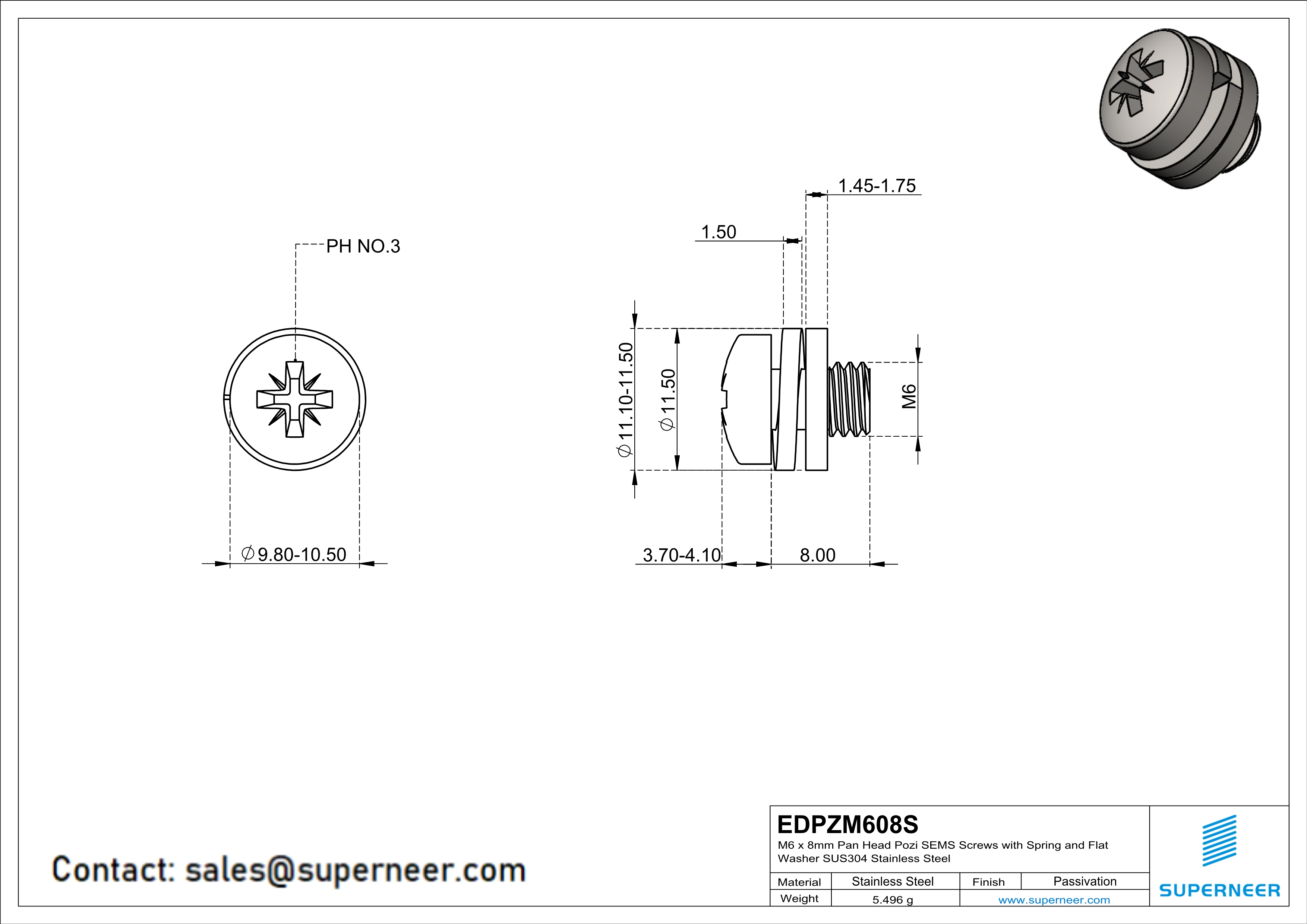 M6 x 8mm Pan Head Pozi SEMS Screws with Spring and Flat Washer SUS304 Stainless Steel Inox