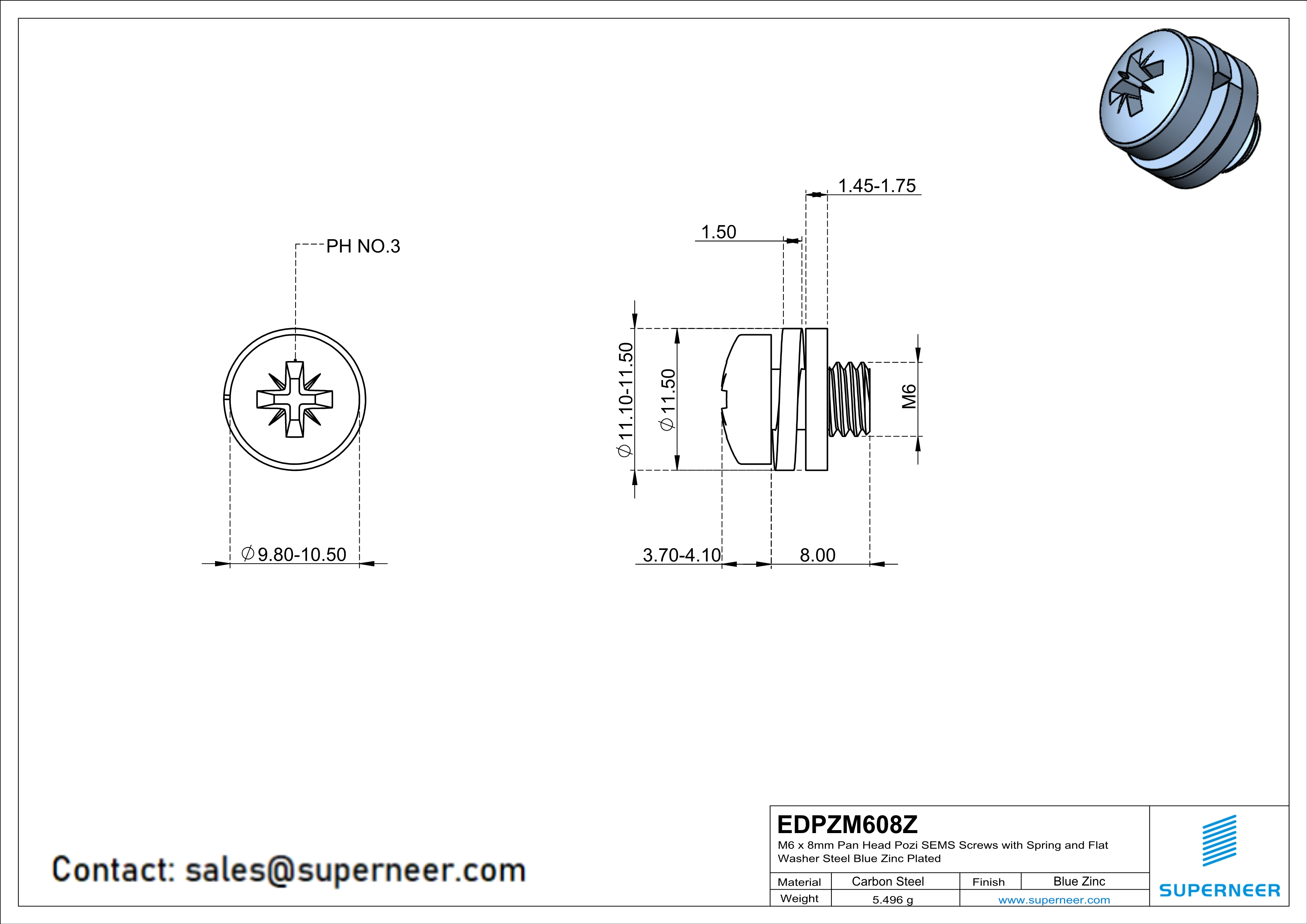 M6 x 8mm Pan Head Pozi SEMS Screws with Spring and Flat Washer Steel Blue Zinc Plated