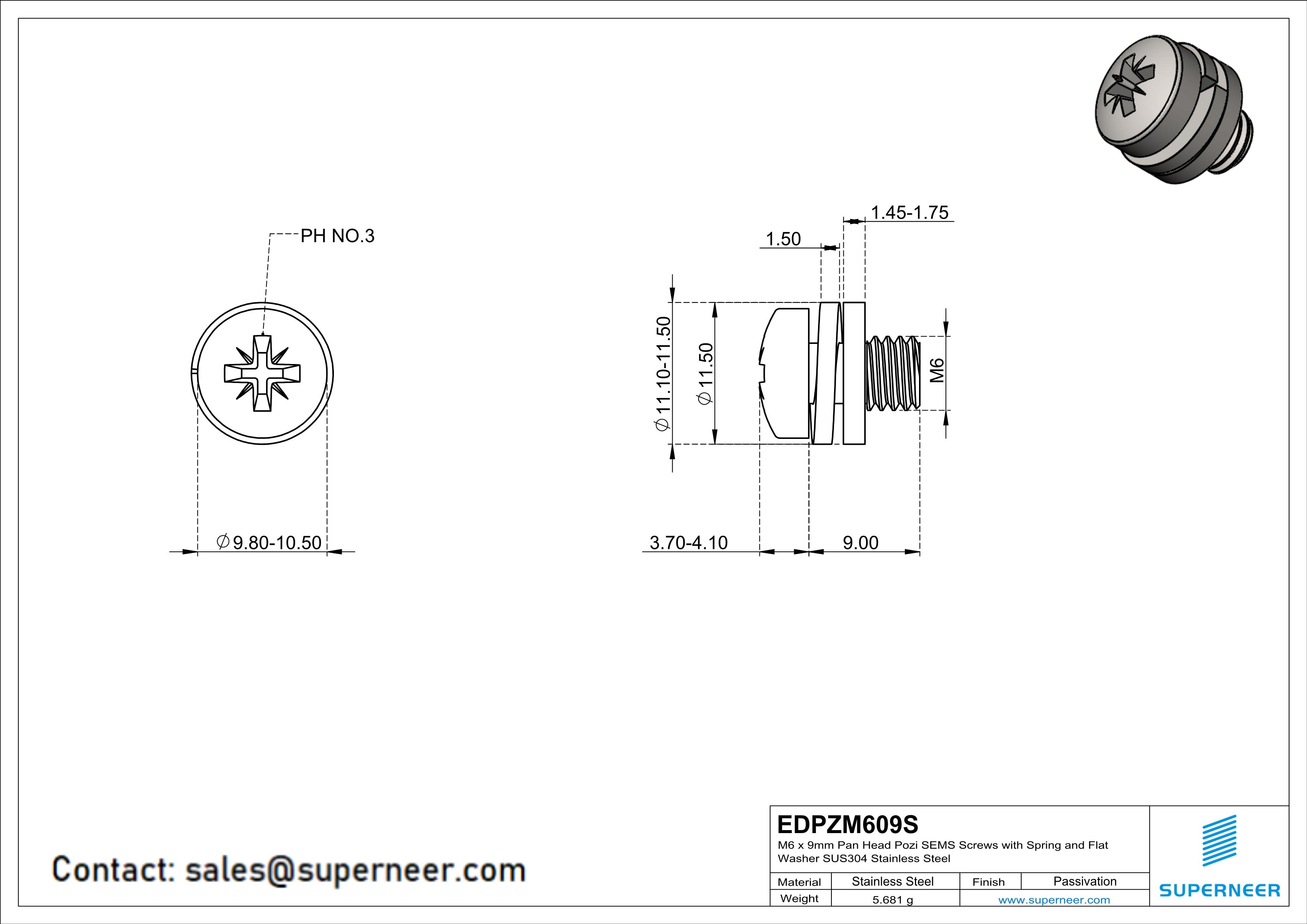 M6 x 9mm Pan Head Pozi SEMS Screws with Spring and Flat Washer SUS304 Stainless Steel Inox